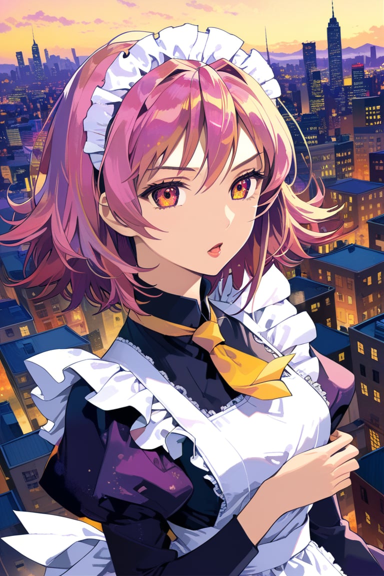 Very beautiful girl  masterpiece, illustration, extremely detailed, beautiful detailed eyes, beautiful detailed mouth, golden hair, (bright colors:1.4), city on background , 1girl, solo, dark purple maid dress, white apron, white maid headband, (yellow double neckties:1.2), puffy sleeve, long sleeve, dark pink hair, (sidelock:1.2), short hair, dark pink eyes, mature female