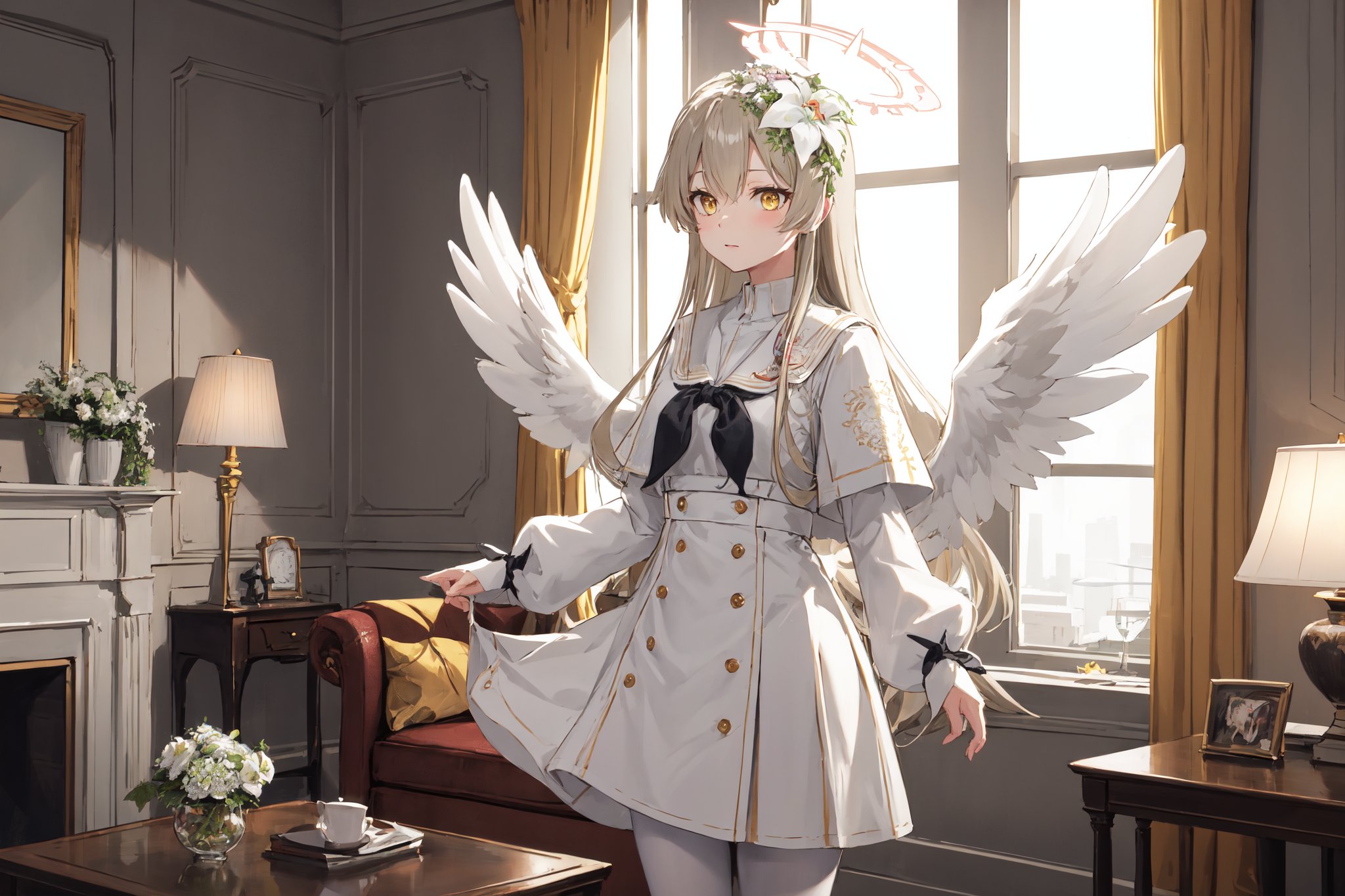  best quality, highres, , halo, long hair, hair flower, angel wings, white wings, low wings, angel wings, , , black bow, , white dress, long sleeve, pantyhose, , , cowboy shot, capelet, ,, indoor, in luxurious room, living room, window, day light,nagisadef, dark yellow eyes, 