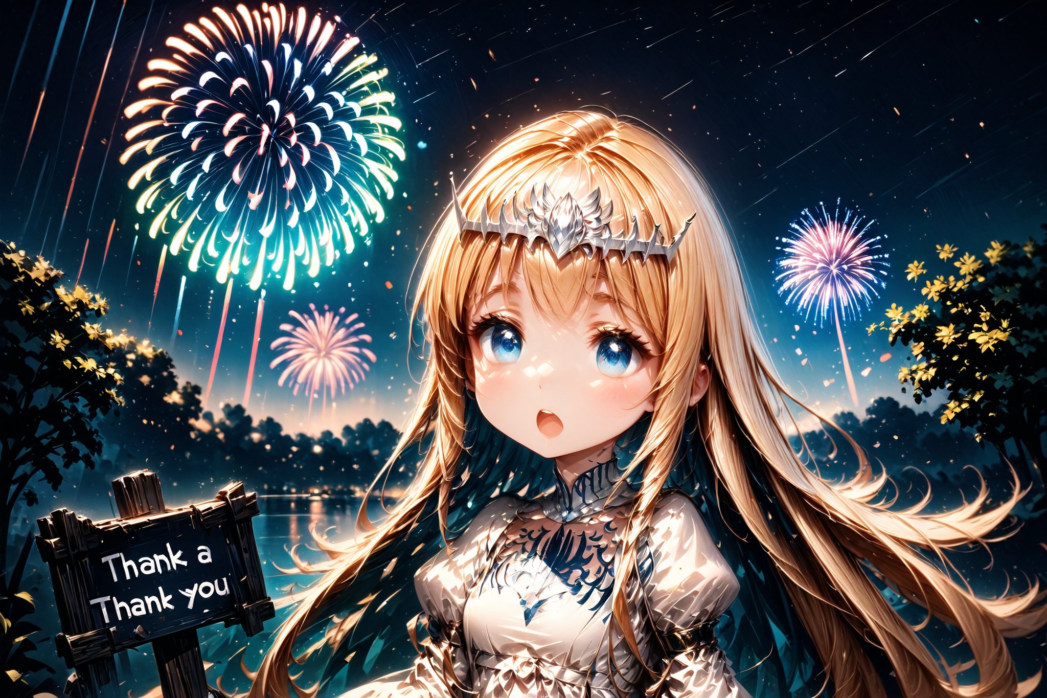 Masterpiece, beautiful chibi girl, ,,  (She's a very chibi girl. She's holding a big sign saying "Thank you",  open mouth. The background is fireworks, party time, detailed texture, high image quality, high resolution, high precision, realism, color correction. , proper lighting settings, harmonious composition, Behance works, text, text as "THANK YOU",Ink art, 1girl, solo, Calca, Calca Bessarez, blonde hair, (extremely long hair:1.3), very long hair, white tiara, white dress, blue eyes