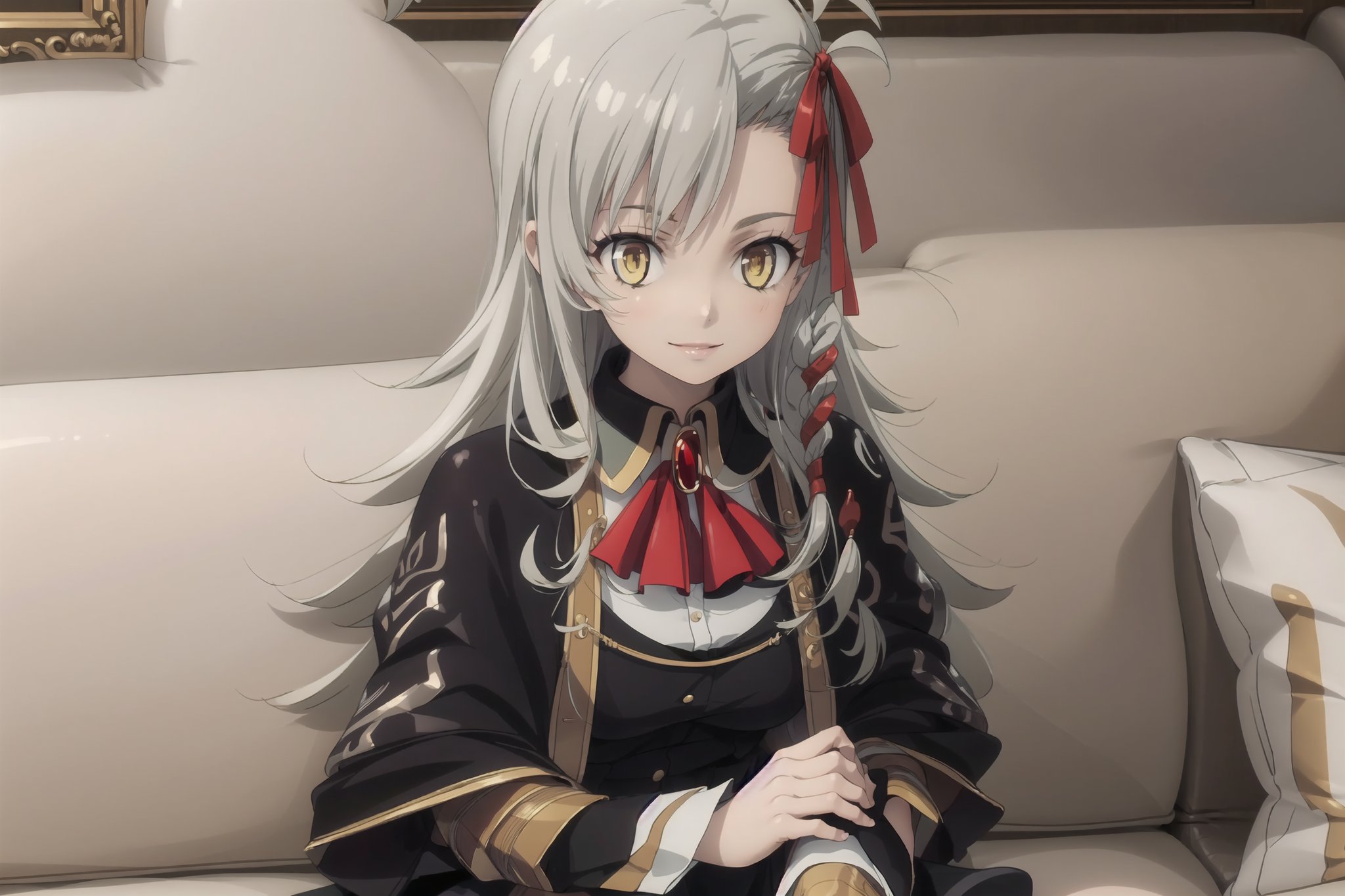 best quality, (masterpiece:1.2), detailed, (1girl,:1.3) solo, closed mouth, light smile,grey hair, yellow eyes, long hair, ahoge,  side braid, hair ribbon, black dress, black skirt, brooch, red ascot, capelet, white sleeves, black pantyhose,sitting, couch, looking at the viewer, indoors, close up, upper body, mature female, 25 years old, medium breast