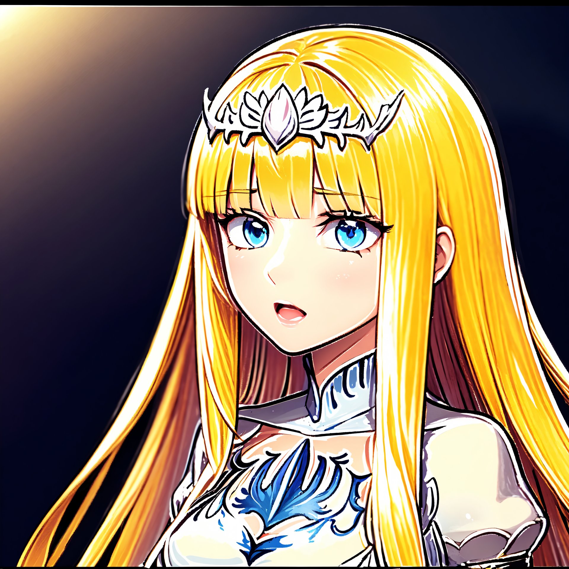 Very beautiful and charming girl. She is very badass. She has beautiful long hair.   1girl, solo, Calca, Calca Bessarez, blonde hair, (extremely long hair:1.4), very long hair, white tiara, white dress, blue eyes, medium chest, extremely long hair