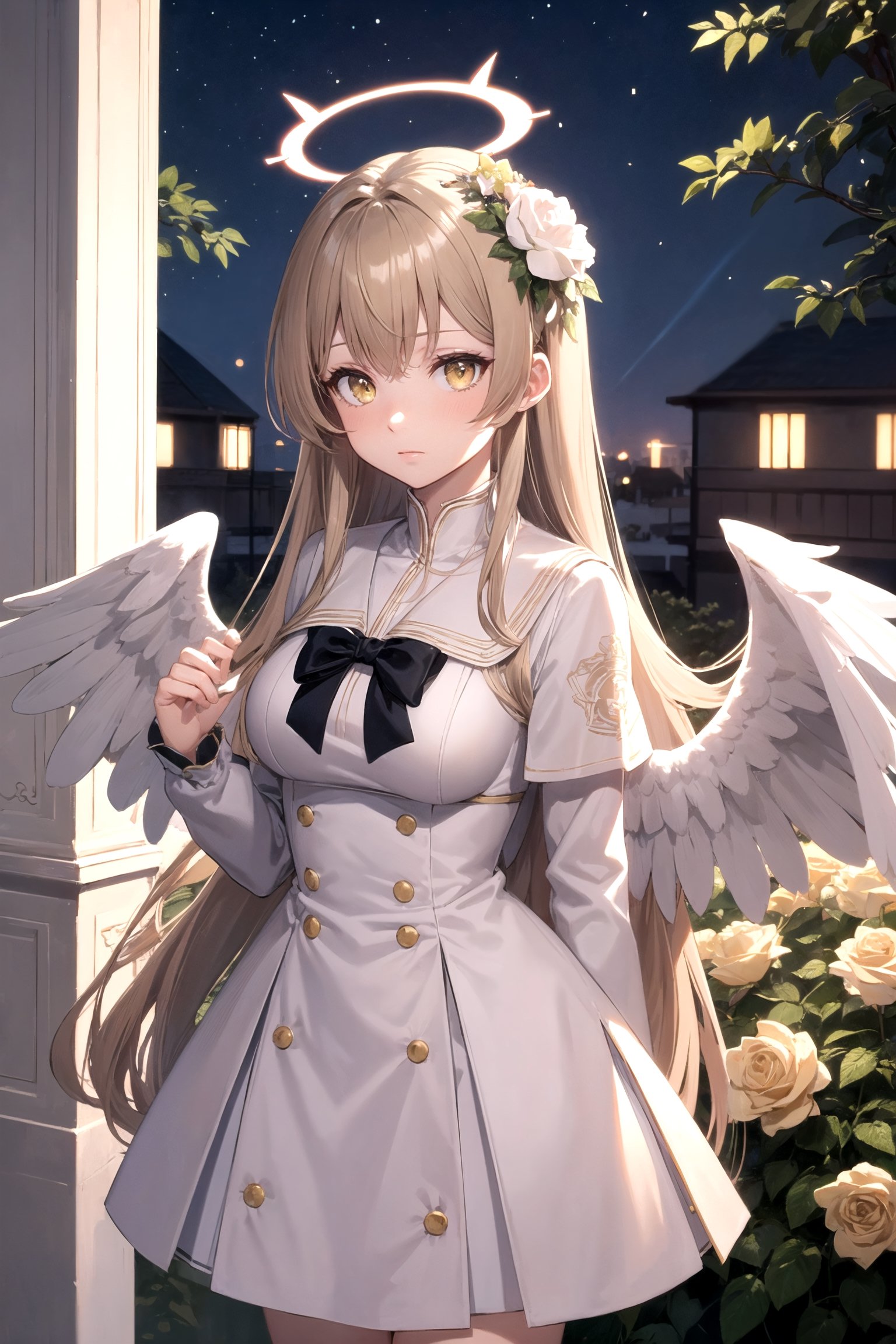 //Quality,
masterpiece, best quality
,//Character,
1girl, solo
,//Fashion,
,//Background,
night, Rose garden
,//Others,
 yellow roses, 1girl, light brown hair, white dress,nagisadef, halo, medium breast, very long hair, yellow eyes, two angel wings