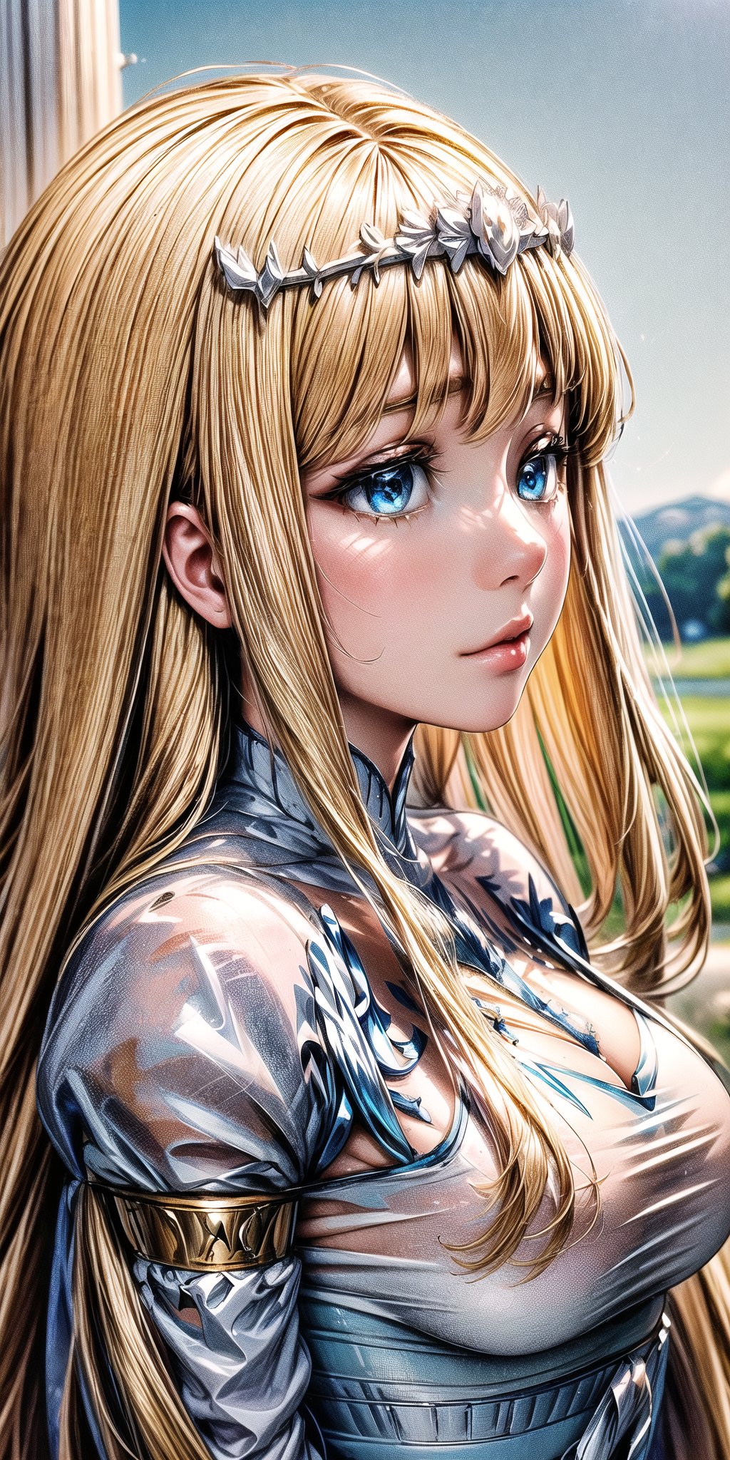 Masterpiece, beautiful details, perfect focus, 8K wallpaper, high resolution, detailed texture, one girl, solo,  looking at viewer, blush, simple background,upper body, , flower, heart, from the side, profile,, eyes half closed,  1girl, solo, Calca, Calca Bessarez, blonde hair, (extremely long hair:1.3), very long hair, white tiara, white dress, blue eyes,