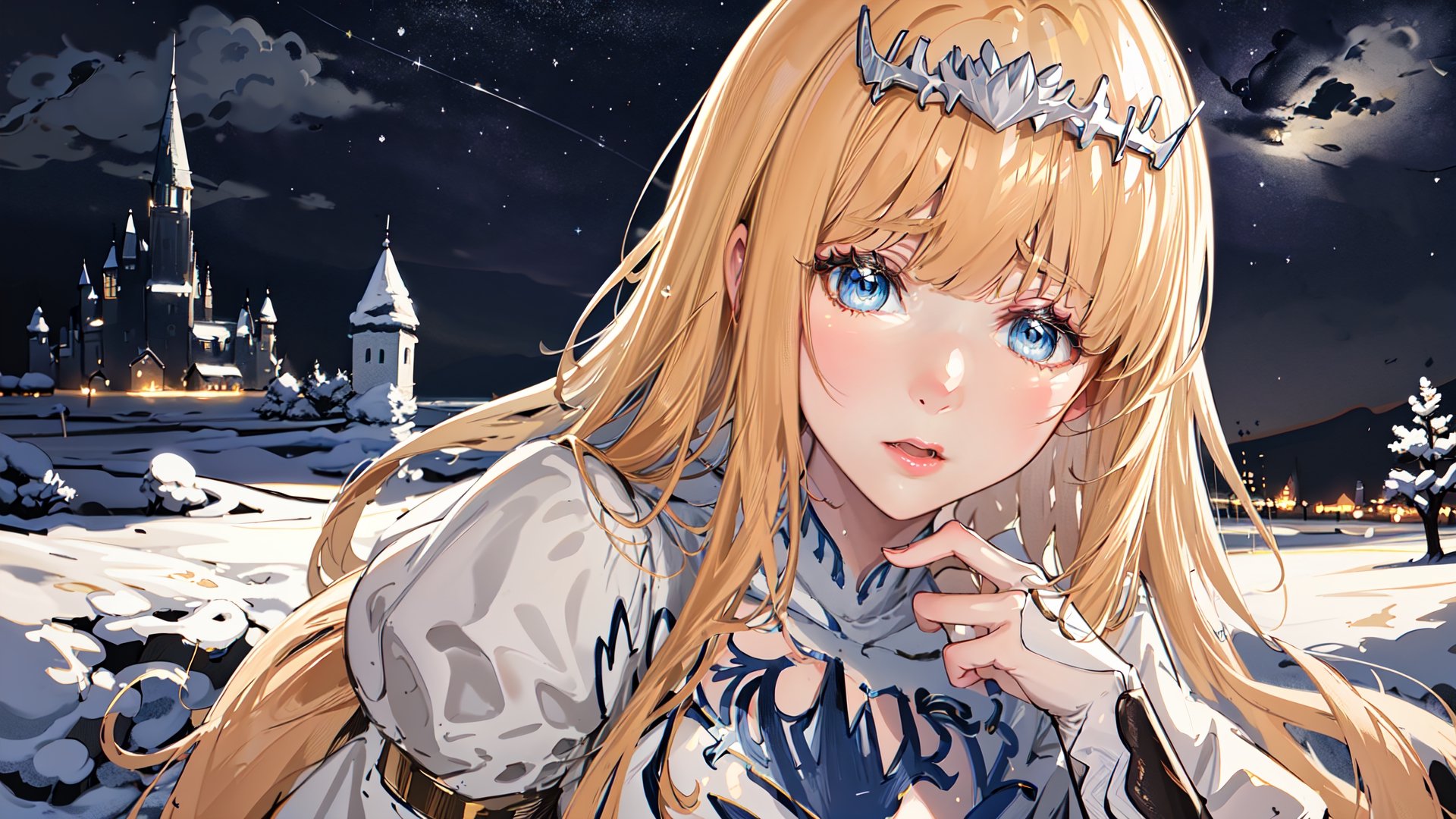 masterpiece, best quality, highres, outdoors, castle background, night, snow,, winter, confident, pride, point of view,, looking at viewer, caring eyes, caring, loving, snowflakes, soft breast, medium breast,  ((pretty)),  (((extremely detailed anime face))), stars,  portrait,  1girl, solo, Calca, calca, blonde hair, long hair, medium chest, extremely long hair, very long hair, extra long hair, white tiara, white dress, blue eyes,Calca Bessarez