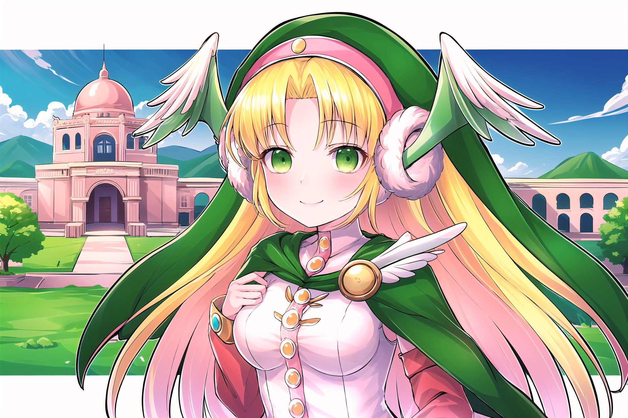 (masterpiece),  scenery, ,  smile, palace,  medium chest, Divine Chant, 4th Seat of the Black Scripture, blonde hair, green eye, (pink dress:1.2), green hood, very long hair, 1girl, solo, angelwing-shaped earmuffs