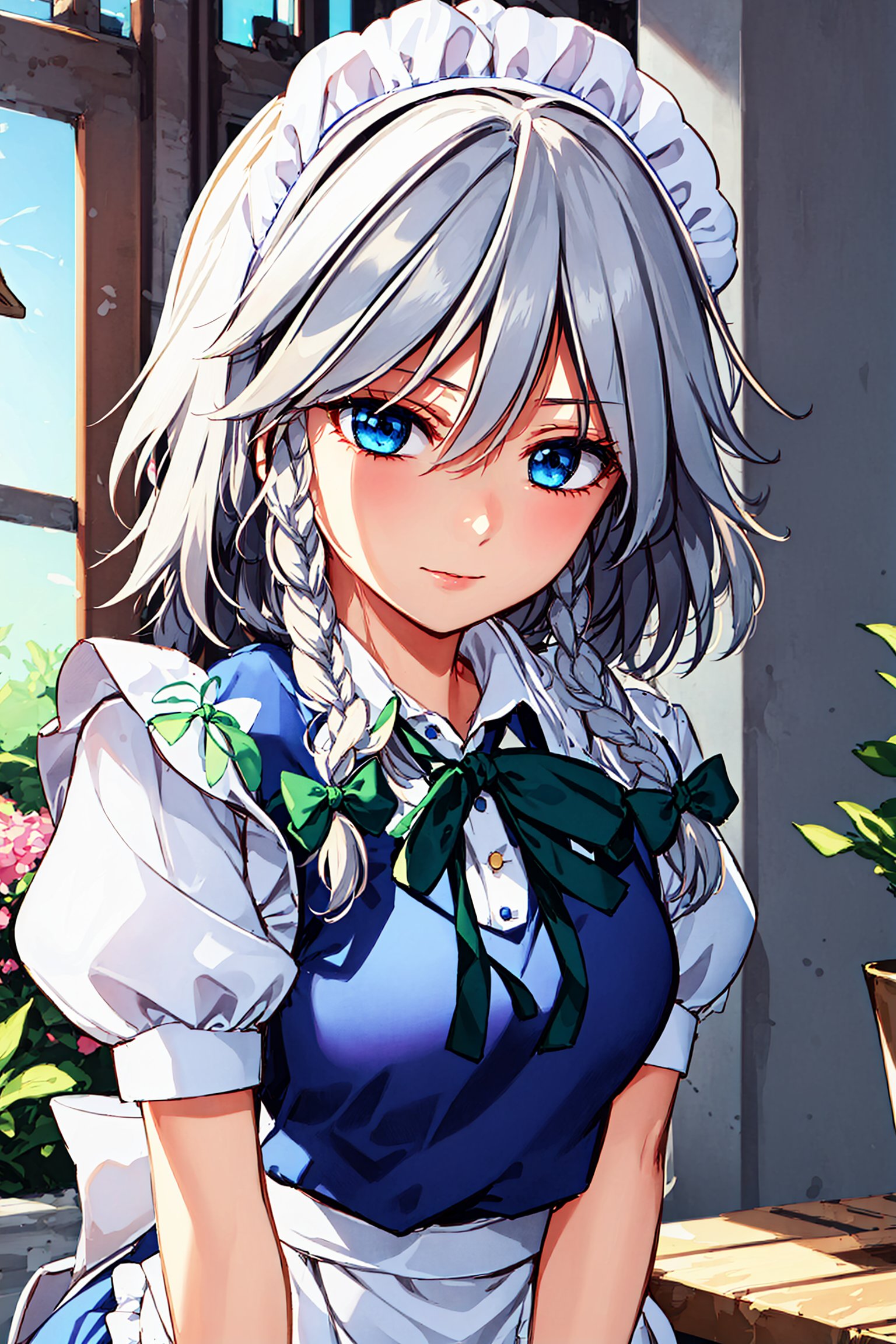 , 1girl, solo, izayoi_sakuya_touhou, Sakuya, Sakuya Izayoi, blue maid outfit, white apron, white maid headband, silver hair, two braided hair, short hair, blue eyes, blue eyes, two green ribbons on her braided hair, green bowtie, maid_headdress, short_hair, maid