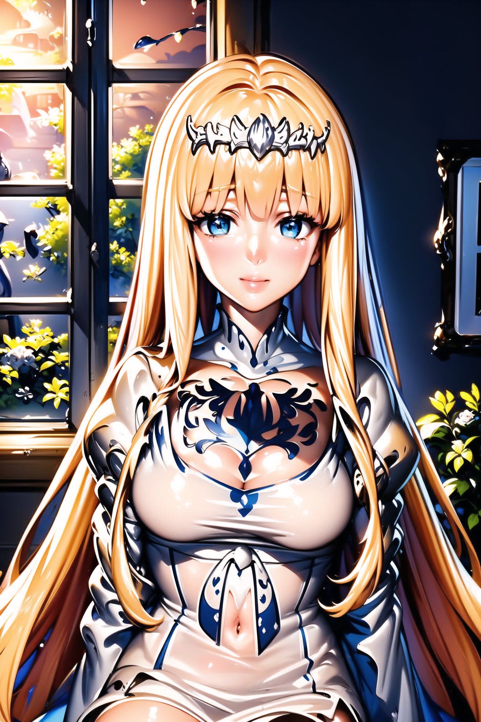 masterpiece, best quality, 1girl, looking at the viewer, blush, sitting, upper body,  indoors, book, window, plant, book stack, blunt bangs, , soft smile, solo, Calca, Calca Bessarez, blonde hair, (extremely long hair:1.3), very long hair, white tiara, white dress, blue eyes, medium chest