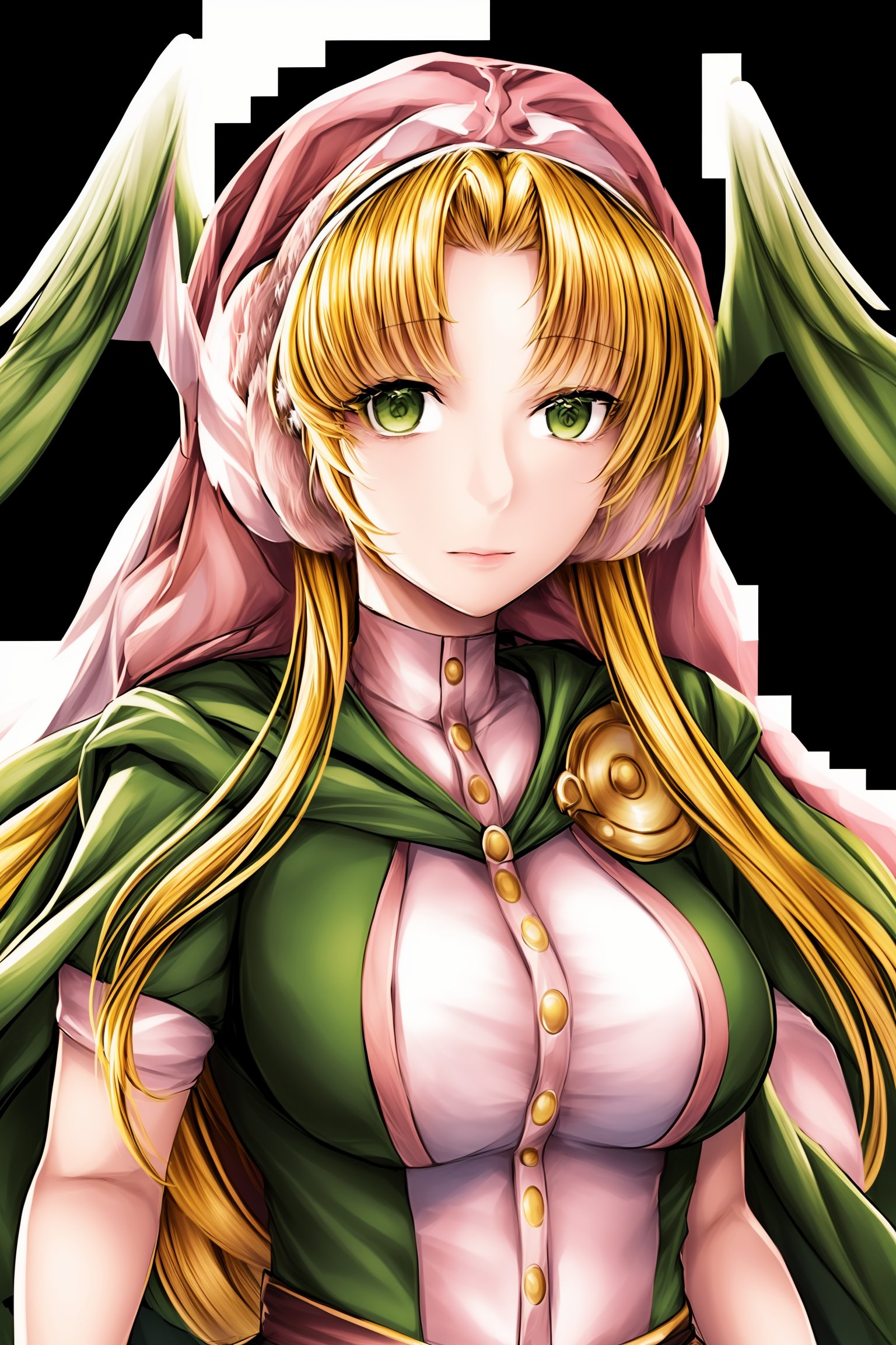 Very detailed, high quality, masterpiece, beautiful, distant shot, , , , 25 years old, , in luxurious room,   1girl, solo, medium chest, Divine Chant, 4th Seat of the Black Scripture, blonde hair, green eye, (pink dress:1.2), green hood, very long hair, angelwing-shaped earmuffs, close up, upper body