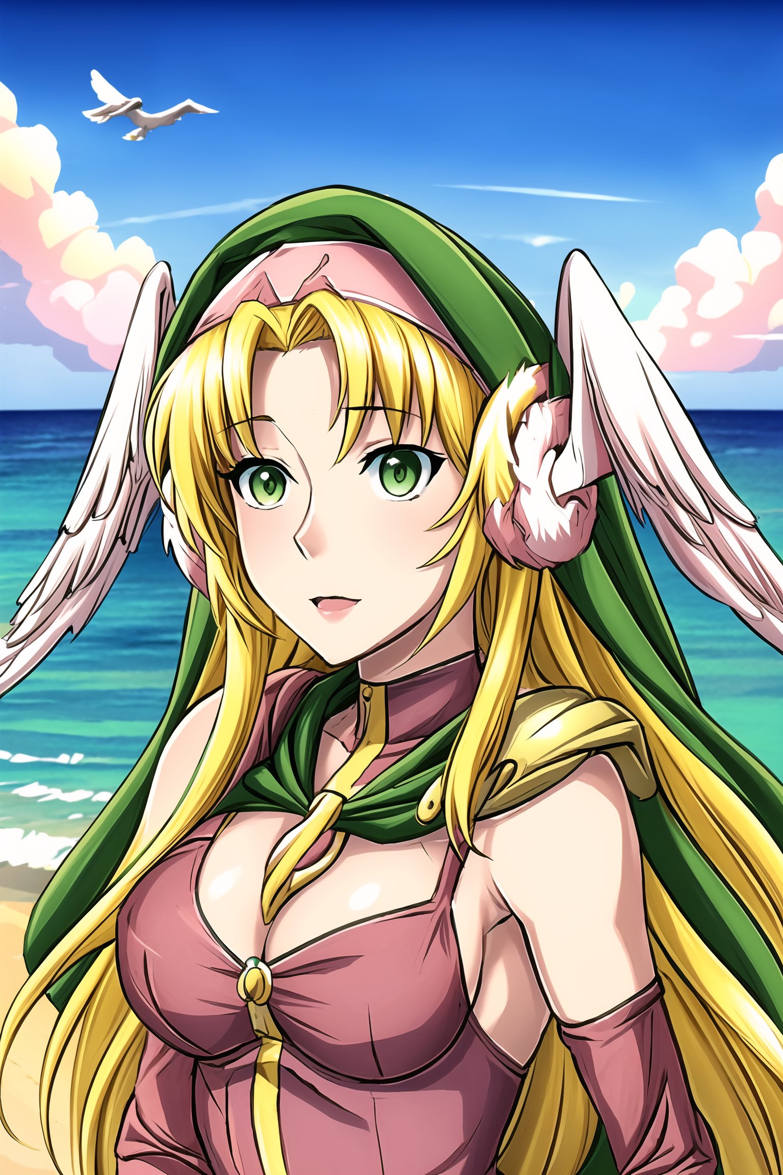 ,beautiful, beach, sunny,medium chest, Divine Chant, 4th Seat of the Black Scripture, blonde hair, green eye, (pink dress:1.2), green hood, very long hair, 1girl, solo, angelwing-shaped earmuffs