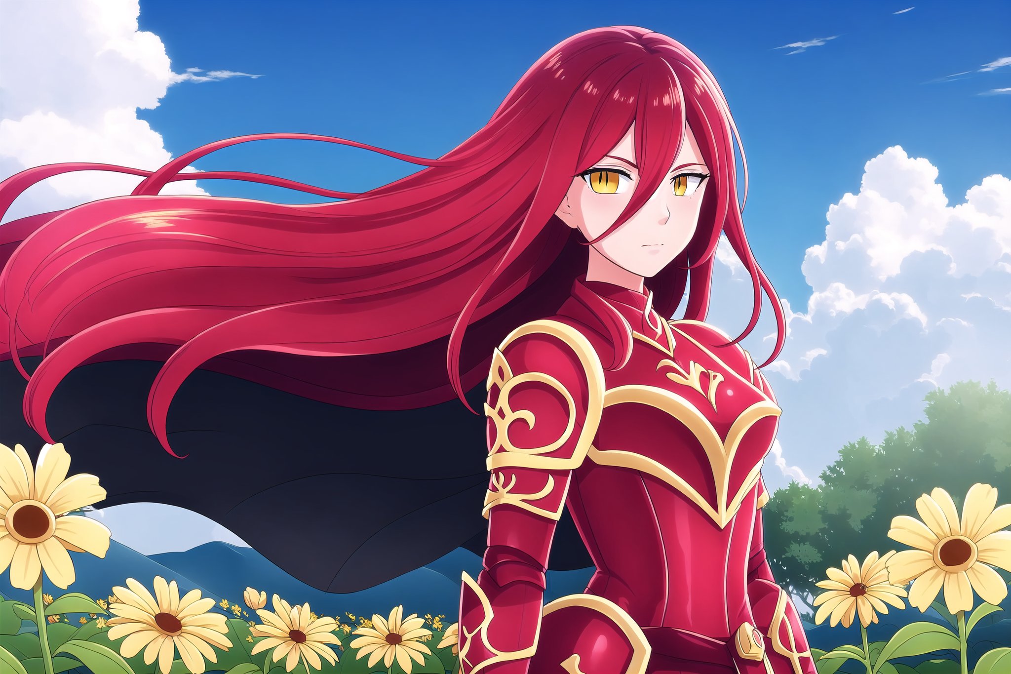 1girl, solo, looking at the viewer, closed mouth, , flower, , outdoors, sky, day,, cloud, , , , tree, blue sky, , nature, , yellow flower, 1girl, yellow eyes, red hair, extremely long hair, red armor, hair between eyes, black cloack,Rubedo