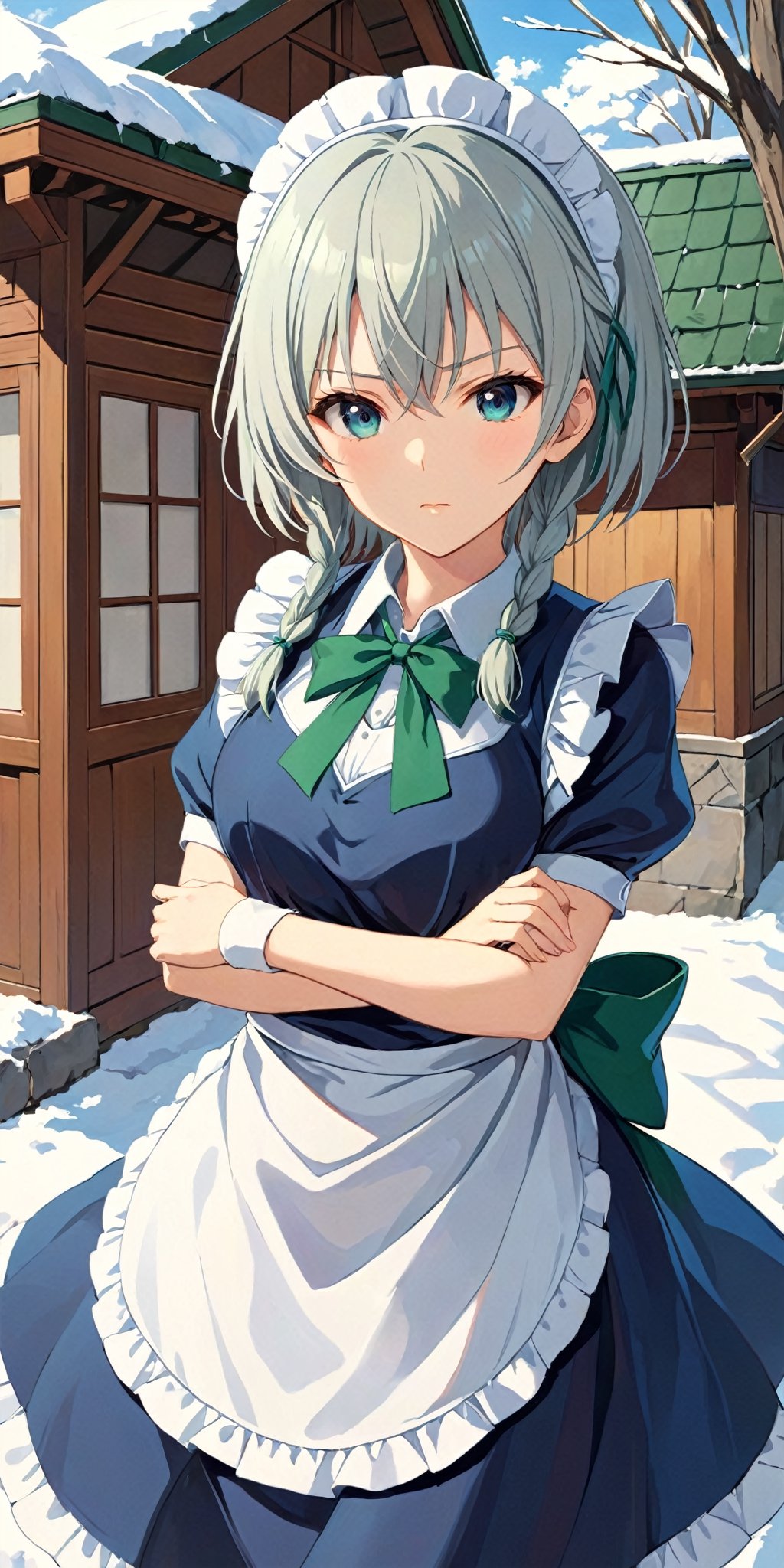 solo, looking at the viewer, serious face, short hair, female focus, 1girl, outdoors, snow, Sakuya Izayoi, blue maid outfit, white apron, white maid headband, silver hair, (two braided hair:1.6), short hair, blue eyes, blue eyes, (two green ribbons on her braided hair:1.5), green bowtie, Sakuya