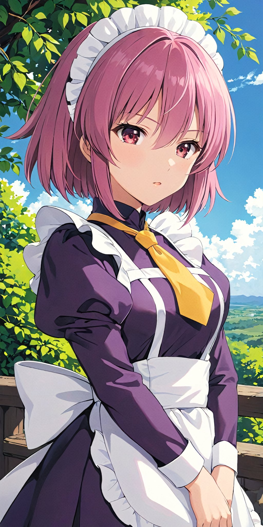 looking at viewer, ,  upper body, , ahoge, female focus, outdoors, ,1girl, solo, dark purple maid dress, white apron, white maid headband, yellow double necktie, puffy sleeve, long sleeve, dark pink hair, (sidelock:1.3), short hair, dark pink eyes