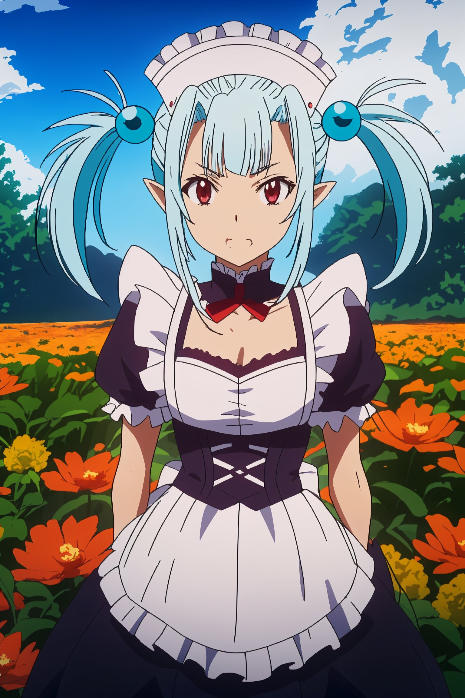 score_9, score_8_up, score_7_up, source_anime, (masterpiece,best quality)(dreamy background),flowers,1girl,mimi,dark red eyes,pointy ears,light blue hair,short hair,pigtails hair,cyan orbs,big white maid headband,maid dress and white apron