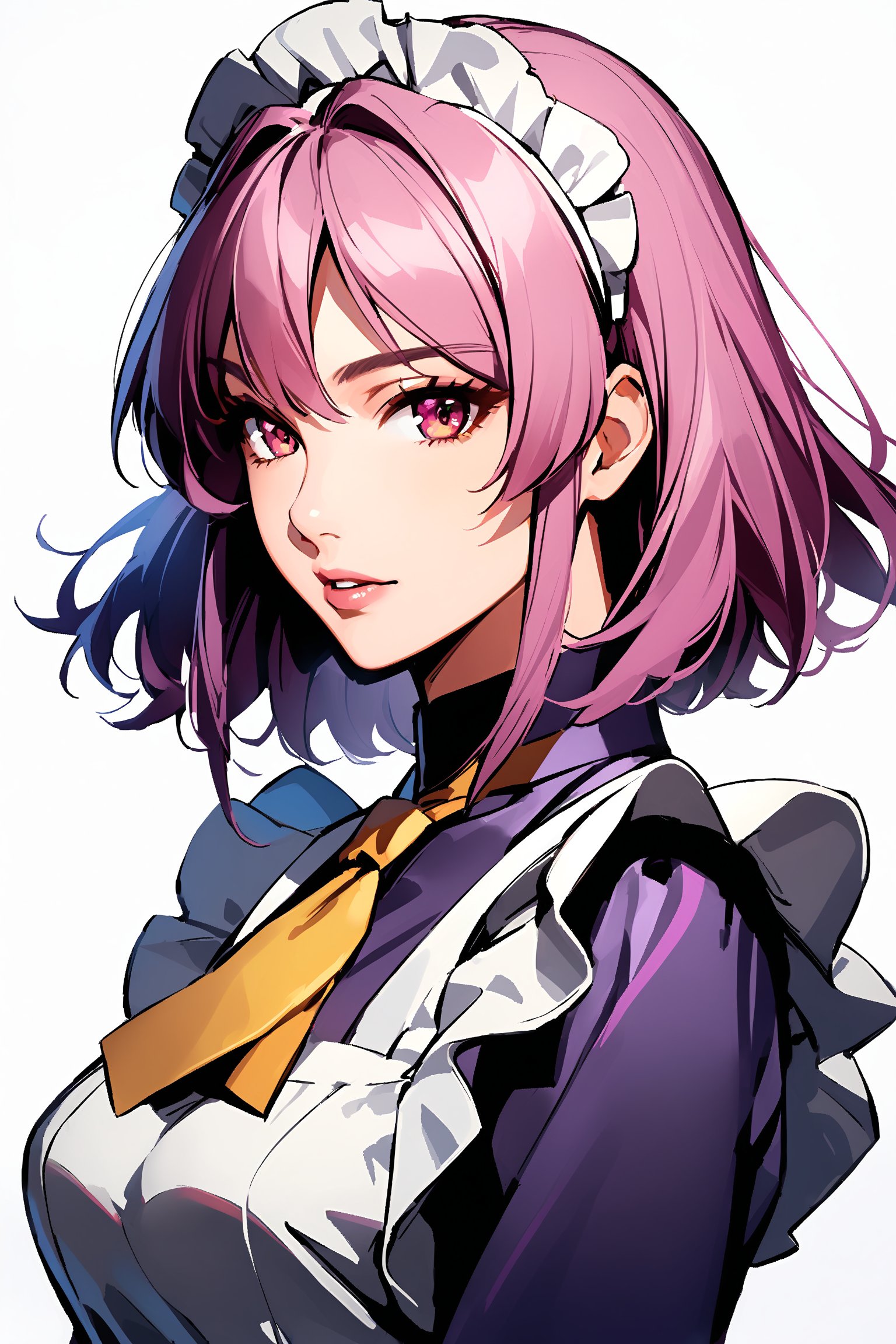  looking at viewer, upper body, parted lips, , from the side, lips, looking to the side,1girl,dark purple maid dress,white apron,white maid headband,yellow double necktie,long sleeve,dark pink hair,sidelock,short hair,dark pink eyes, mature female, 25 years old