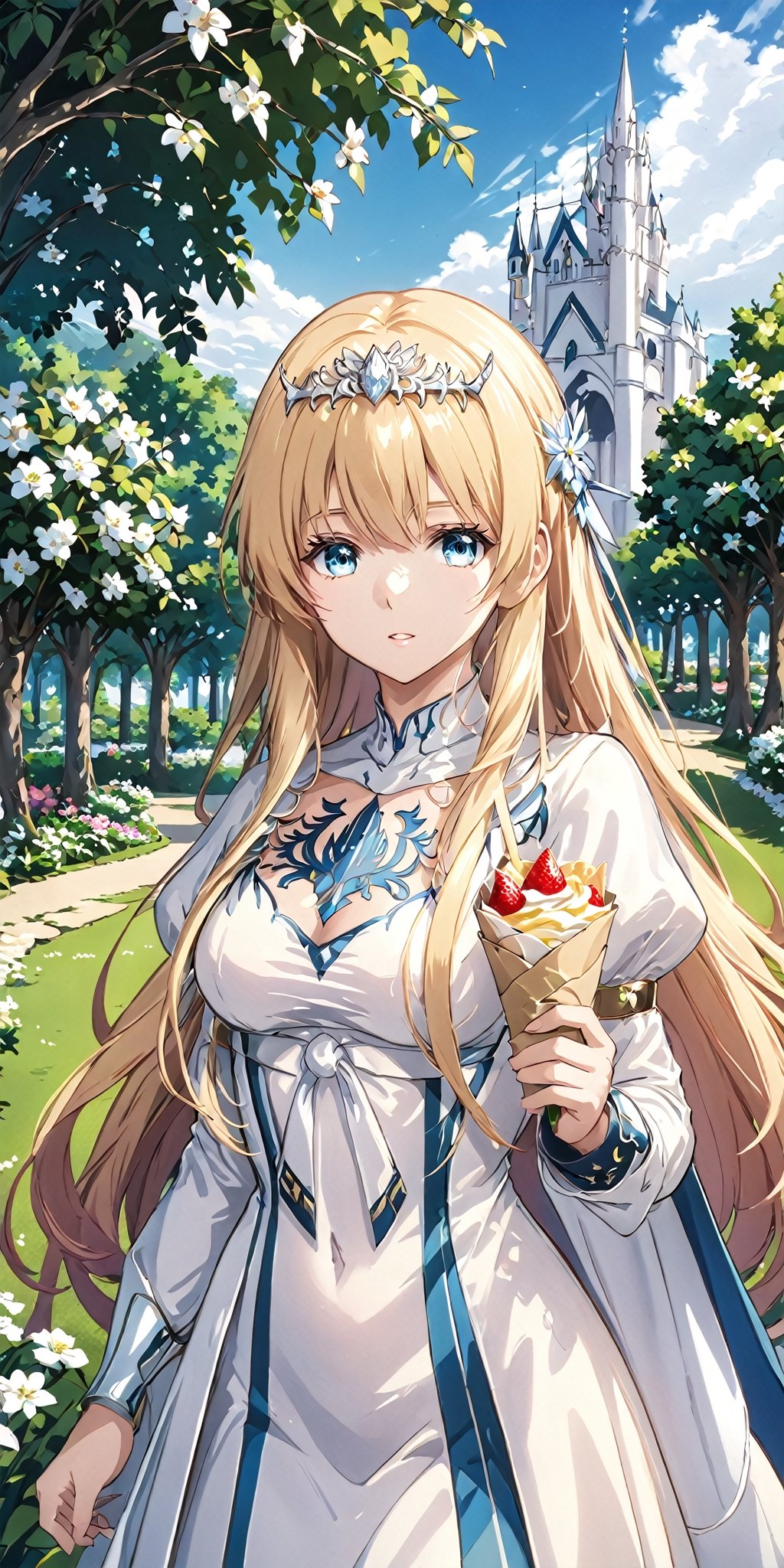 looking at the viewer, ,, upper body, female focus, outdoors, day,  tree, ,hold crepe, , grass, magical  flower park, luminous plant,,  1girl, solo, Calca, calca, blonde hair, long hair, medium chest, extremely long hair, very long hair, extra long hair, white tiara, white dress, blue eyes,Calca Bessarez ,medium breast