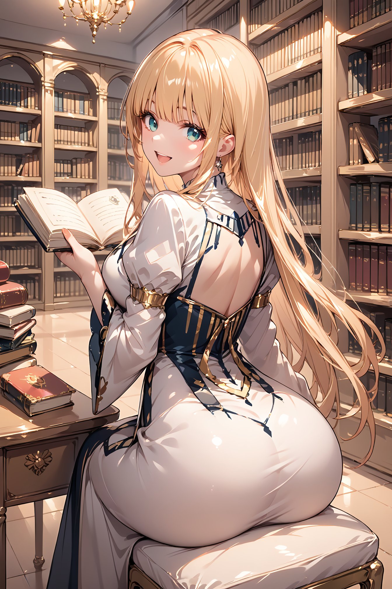 score_9, score_8_up, score_7_up, source_anime, 

, looking at the viewer, blush, smile, open mouth, bangs, holding, sitting, looking back, indoors, book, chair, desk, open book, bookshelf, in very luxurious library, royal library, very gigantic library