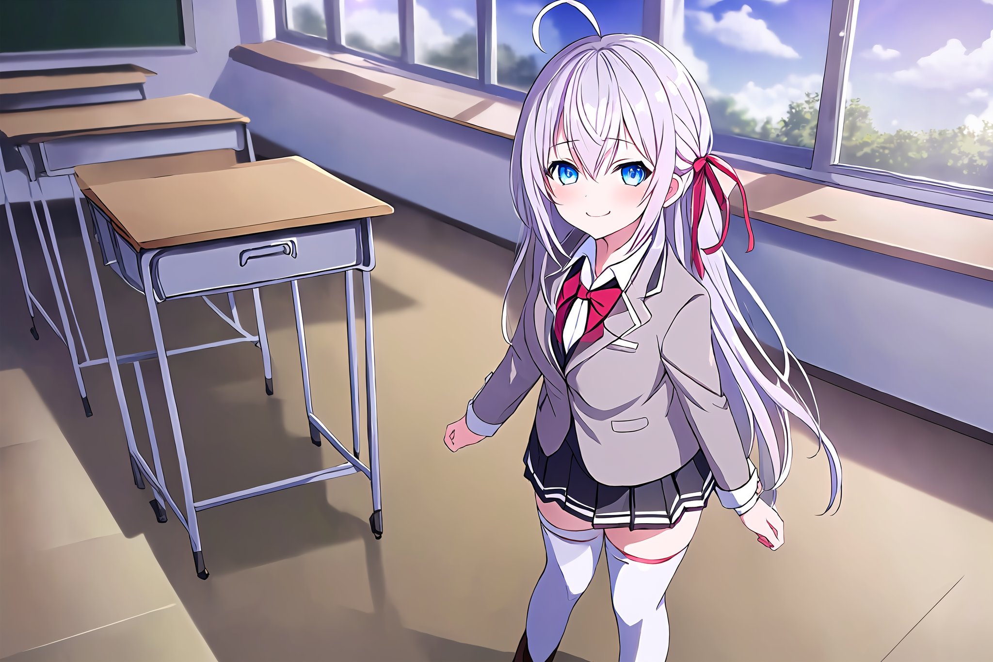 masterpiece, best quality, (beautiful detailed eyes),(1girl), solo,(depth of field),(sharp focus),8K,HDR,(ultra high res),(highres),(full body),(perfect lighting),(lens flare),smiles,blush,alisa,(white hair),(very long hair),(crossed bangs),ahoge,(blue eyes),(hair between eyes),((hair ribbon),(red ribbon)),(medium breasts),(zettai ryouiki),(grey jacket),(white shirt),(wing collar),(red bowtie),((pleated skirt),(black skirt)),(white thighhighs),(brown footwear),(loafers),(indoors),(classroom),standing,(closed mouth),