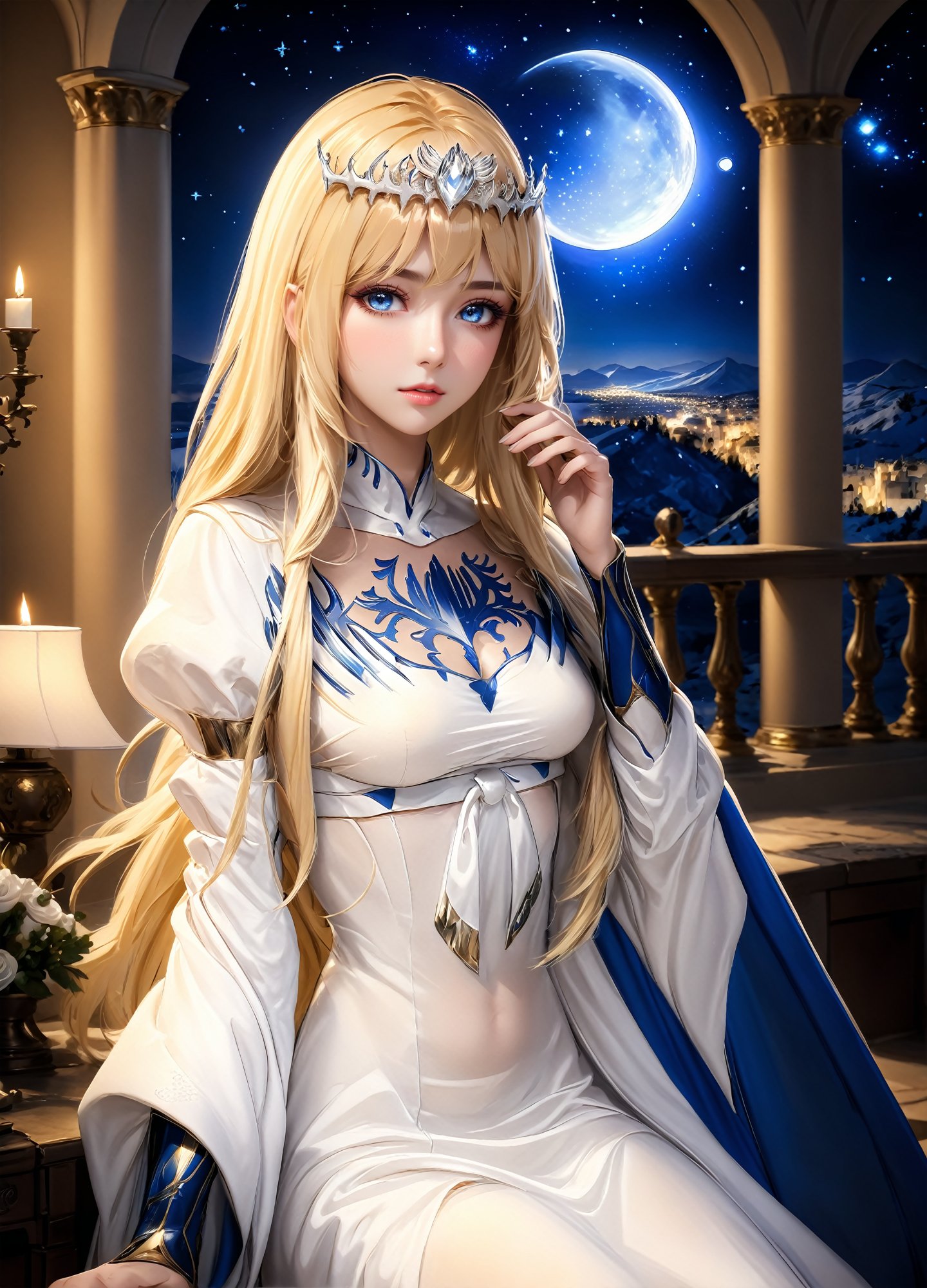 (sacred night),(ultra-fine deep ultramarine HDR),extremely delicated and beautiful,8K,deep ultramarine painting,,  1girl, solo, Calca, Calca Bessarez, blonde hair, (extremely long hair:1.3), very long hair, white tiara, white dress, blue eyes, medium chest, extremely long hair,medium breast