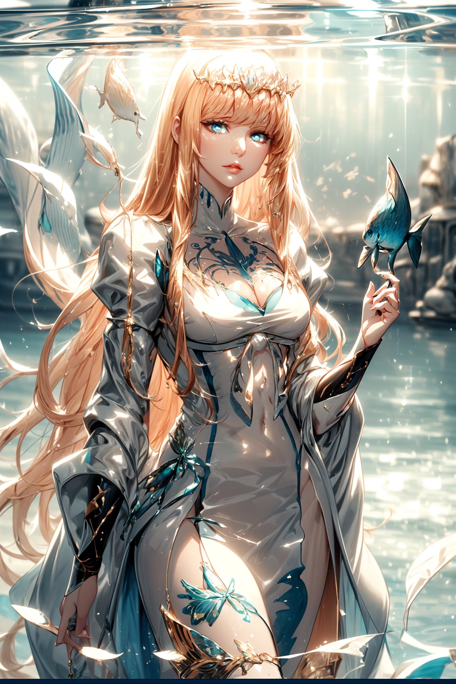 dreamlike artwork that combines elements of an "Ocean Girl" with fantasy.  surrounded by fish., under water theme, 1girl, solo, Calca, , ,blonde hair, , medium chest, extremely long hair, very long hair, extra long hair, white tiara, white dress, blue eyes,