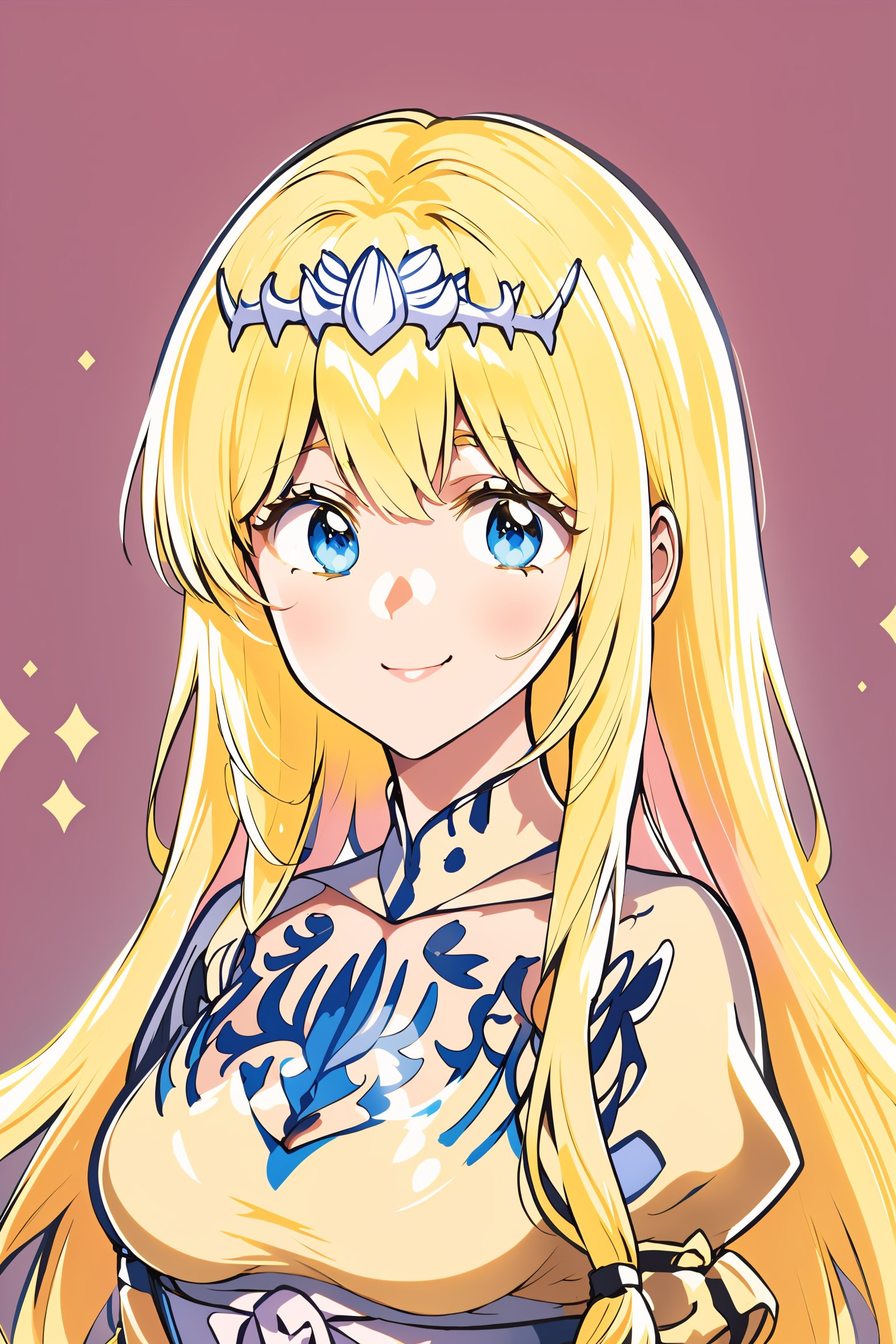 upper body, seductive smile, beautiful detailed face, pink sash, day, Rose_Champagne \(flower\), floral background, 1girl, solo, Calca, Calca Bessarez, blonde hair, (extremely long hair1.3), very long hair, white tiara, white dress, blue eyes, medium chest, ,movicomics,medium breast,yellow hair color,(extremely long hair:1.3)