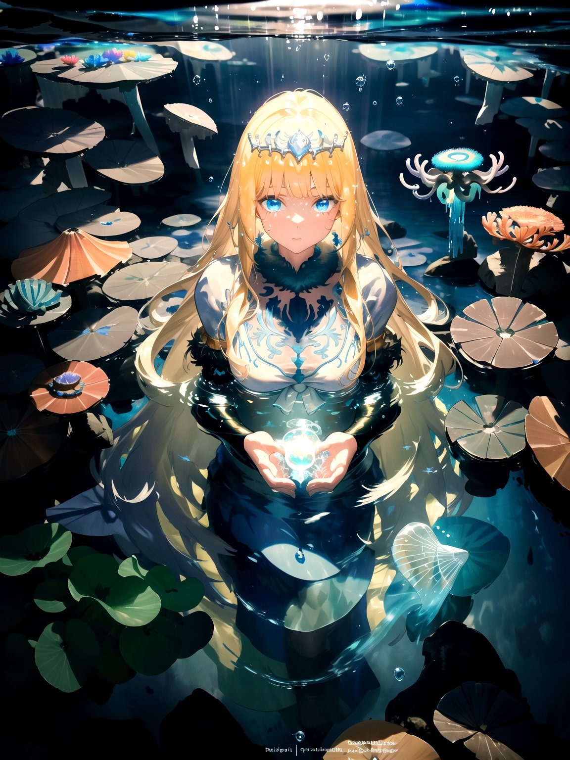 1girl, colossal, facial mark, light particles, depth of field, dark seas, water, underwater, sea foliage foreground, colorful, underwater cave, dripstone, stalactite, stalagmite,  buccaneer, fur-trimmed cape,  corals, sea anemone, sea weed, coral reef scenery, golden treasure, golden pile, water caustics, glowing jellyfish, bubbles, treasure chest, from above, close-up, highres, calca, blonde hair, long hair, medium chest, extremely long hair, very long hair, extra lonh hair, white tiara, white dress, blue eyes