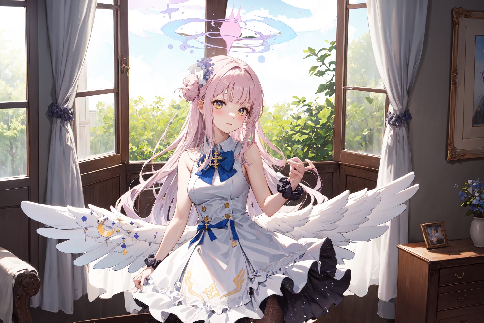  best quality, highres, aamika, halo, long hair, hair flower, angel wings, white wings, low wings, angel wings, crescent, sleeveless, blue bow, frills, white dress, wrist scrunchie, white pantyhose, , , cowboy shot, capelet, ,, indoor, in luxurious room, living room, window, day light