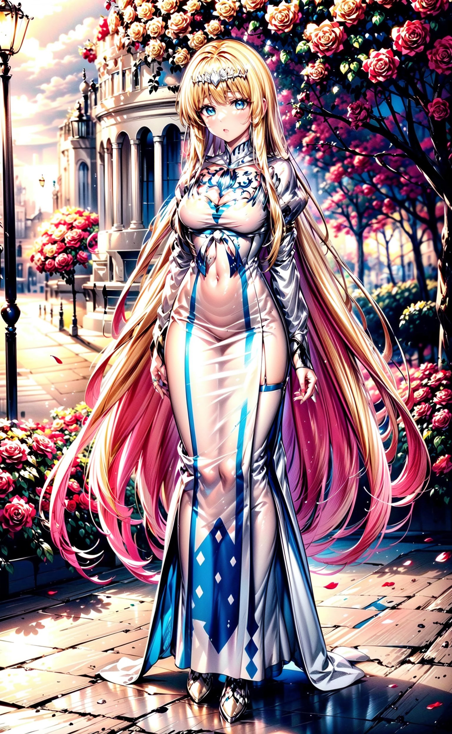 1girl, full body,,looking at the viewer,,foreskin,,blush, morning,standing, outside background, flower park, roses,mist,foggy, morning light,  1girl, solo, Calca, Calca Bessarez, blonde hair, (extremely long hair:1.3), very long hair, white tiara, white dress, blue eyes, medium chest