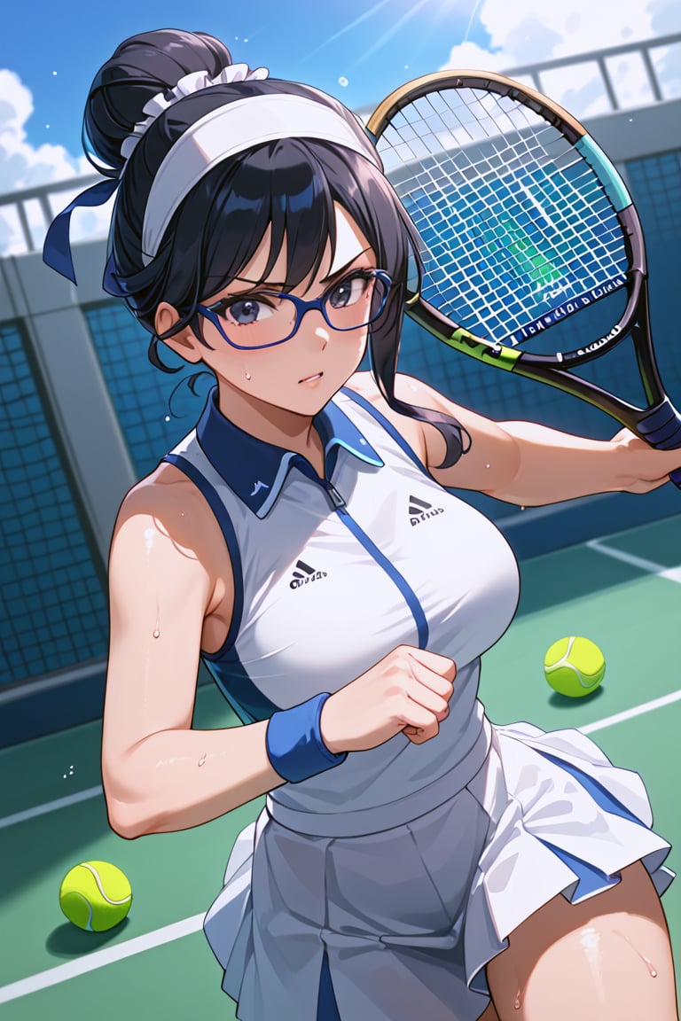 masterpiece, best quality, ultra-detailed, perfect anatomy, High detailed, detailed background, beautiful face, 

, ultra-detailed face ultra-detailed eyes,, perfect face, determined expression, focused gaze,

(((tennis court))), clay court, net visible, intense action shot, mid-swing pose, tennis racket in hand,  tennis outfit, white skirt, sleeveless top,

strong summer sunlight, sweat beads, dynamic angle, three quarter view, perfect anatomy,

5_fingers, beautiful_female_fingers, gripping tennis racket,

motion blur, action lines, dust particles from a clay court,

score_9, score_8_up, score_7_up,Yuri Alpha \(overlord\), glasses, bun hairstyle, black hair, black eyes, blue collar, whit maid headband,1girl, solo, in olympic tennis court, national tennis court, mature female, 25 years old