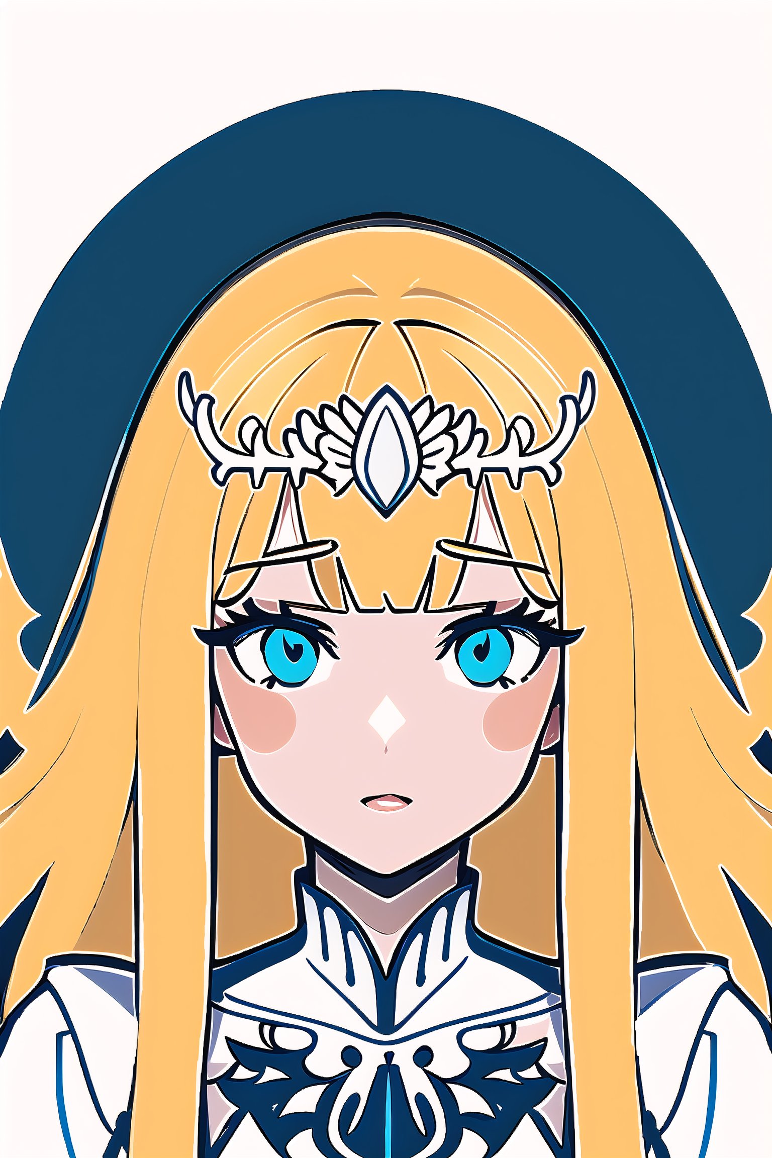 intricate detailed face,very aesthetic ,amazing quality,best quality,flatcolor,vector,line,drawn with intricate lines,best quality,breakdomain, 1girl, solo, Calca, Calca Bessarez, blonde hair, (extremely long hair:1.3), very long hair, white tiara, white dress, blue eyes, medium chest,extremely long hair