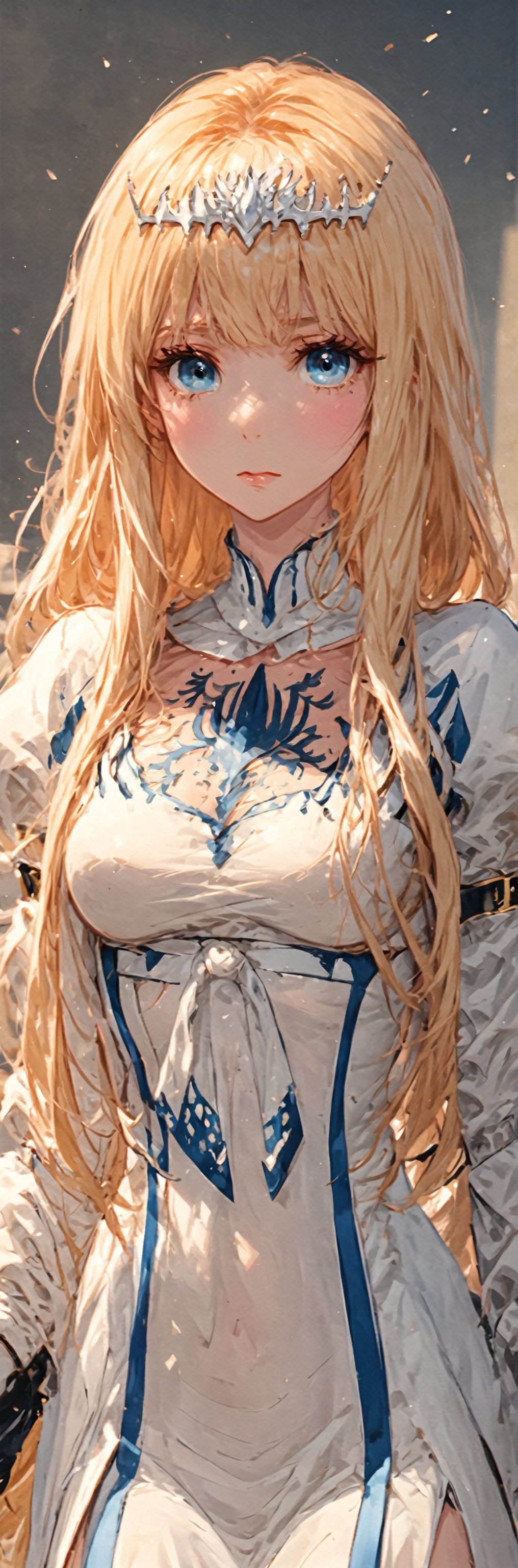 score_9, score_8_up, score_7_up,  (25 year old girl), fit body, long eyelashes, blushing, beauty,  1girl, solo, Calca, Calca Bessarez, blonde hair, (extremely long hair:1.3), very long hair, white tiara, white dress, blue eyes, medium chest, medium breast, yellow hair color,extremely long hair