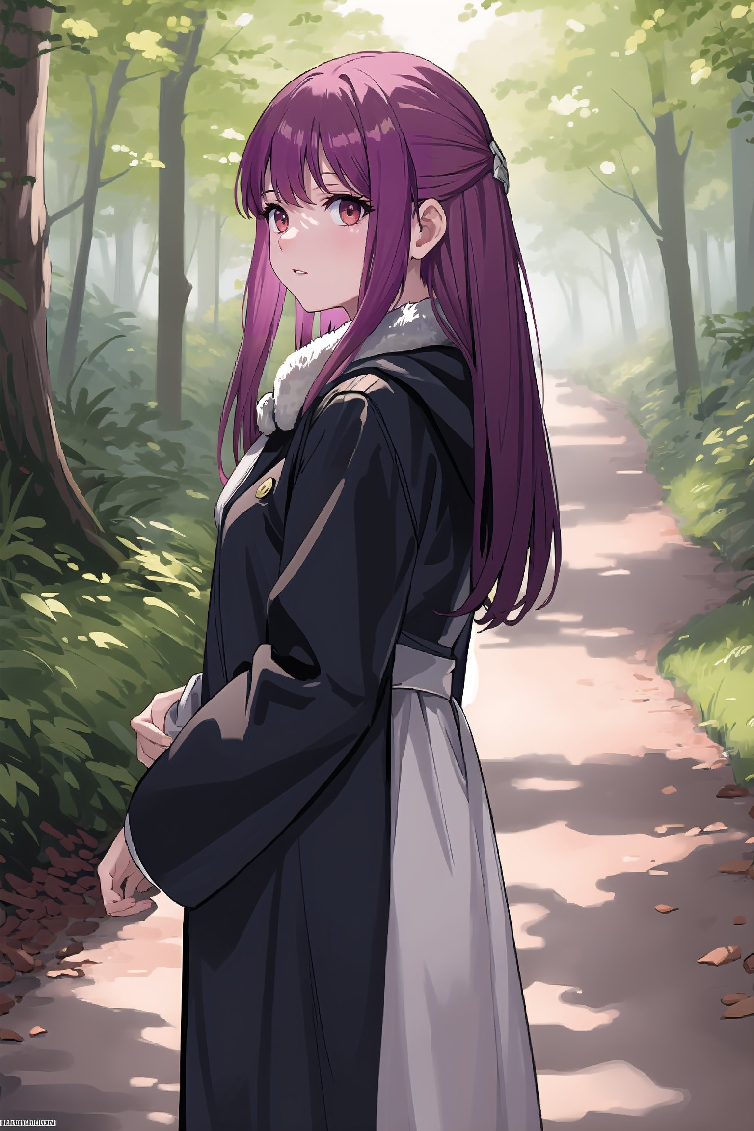 (Masterpiece, Top Quality, Ultra Detailed, 8K), (Front view of Fern alone), (Straight on: 1.3), She is facing forward, (Looking at me: 1.3), Facing right, Round face, Looking at me, (Long straight dark burgundy hair), Big dark eyes, Angry little mouth, (Long black coat over a long white dress), In frame, Cinematic lighting, Forest path in the background, Physiologically correct body, Digital art, Digital illustration, 350mm telephoto, Shallow depth of field, Out of focus background, Ultra realistic rendering, Realistic rendering, Unreal Engine, Exquisite detail, (Denoised), (5 correct fingers),masterpiece