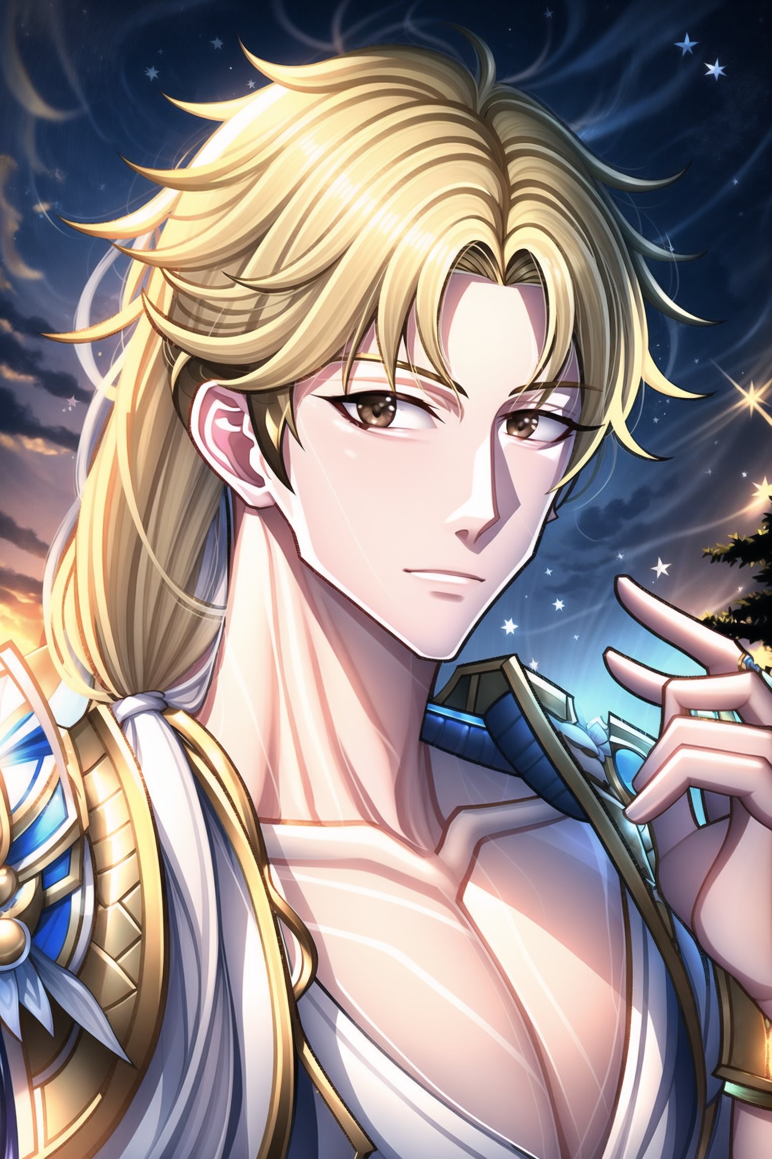 looking at the viewer, upper body,,,Hyouka,1male,blonde hair,brown eyes,one-sided braid,very long hair,one shoulder armor, handsome man, 