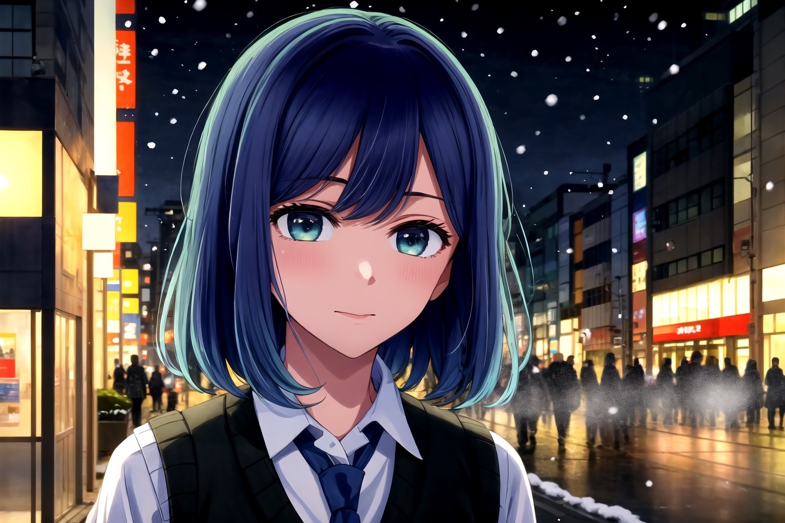 //Quality,
(masterpiece), (best quality), 8k illustration, wallpaper
,//Character,
1girl, solo
,//Fashion,
,//Background,
buildings, city, outdoors, sidewalk, japanese city, shibuya, night, nighttime, detailed_background, depth_of_field, lens flare, misty, foggy
,//Others,
akane, white shirt, sweater vest, black vest, blue necktie, upper body, portrait, bush, looking at viewer, beautiful lighting, light on face, akane, facing the light, falling_snow, snowing, ,masterpiece, dark, hand to own mouth, fingernails,