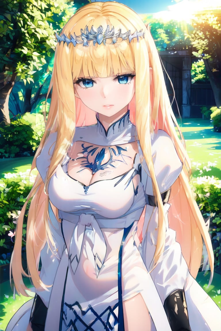 Beautiful girl, masterpiece quality, light particles, garden background, looking at the viewer, upper body, Anime Style., highly detailed, 1girl, solo, Calca, Calca Bessarez, blonde hair, (extremely long hair:1.3), very long hair, white tiara, white dress, blue eyes,blunt bangs