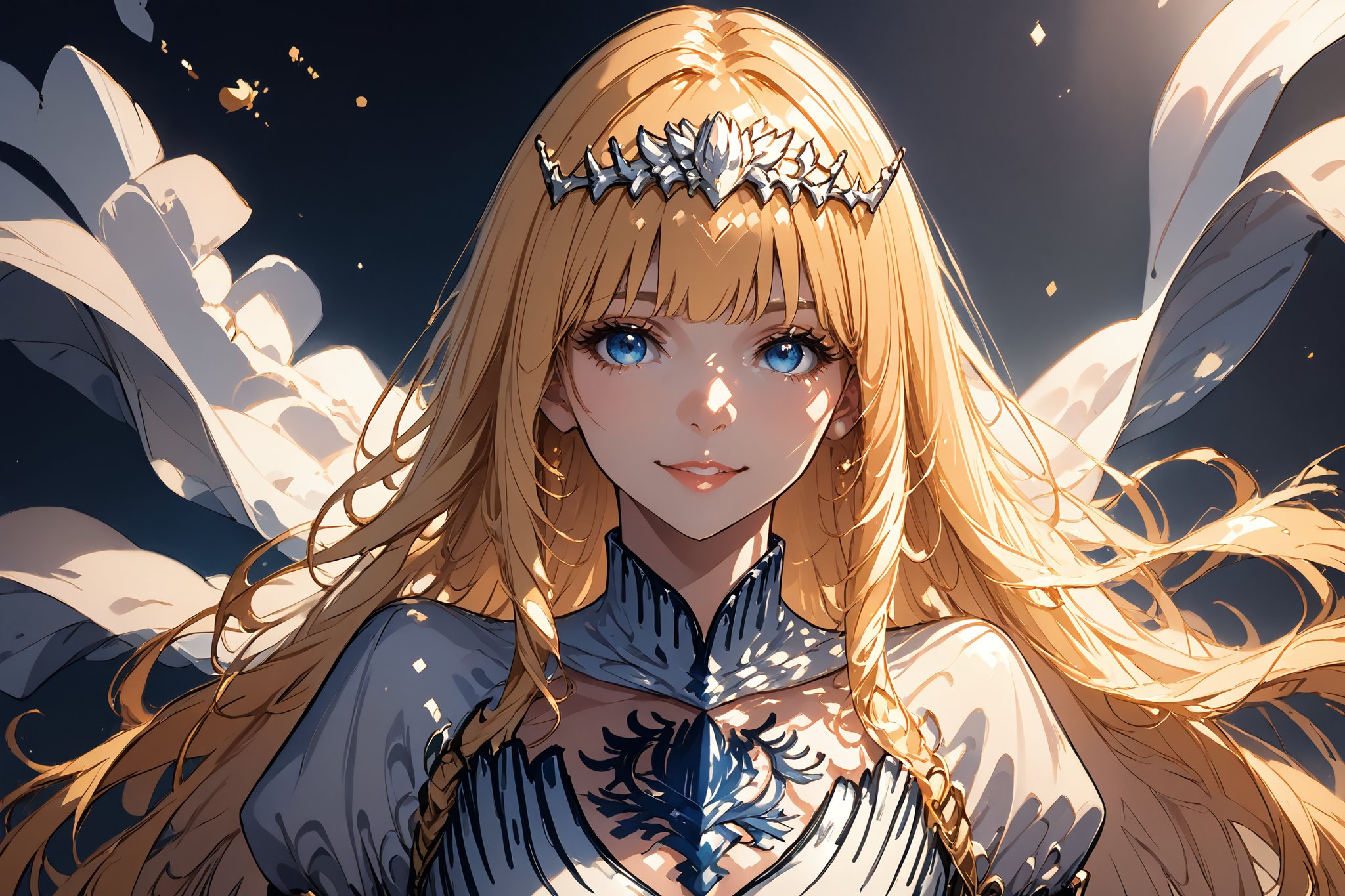 score_9, score_8_up, score_7_up, Score_Anime, expressive eyes, perfect faces, smile, ((cowboy shot)), 1girl, solo, Calca, Calca Bessarez, blonde hair, (extremely long hair:1.3), very long hair, white tiara, white dress, blue eyes, medium chest, slim body