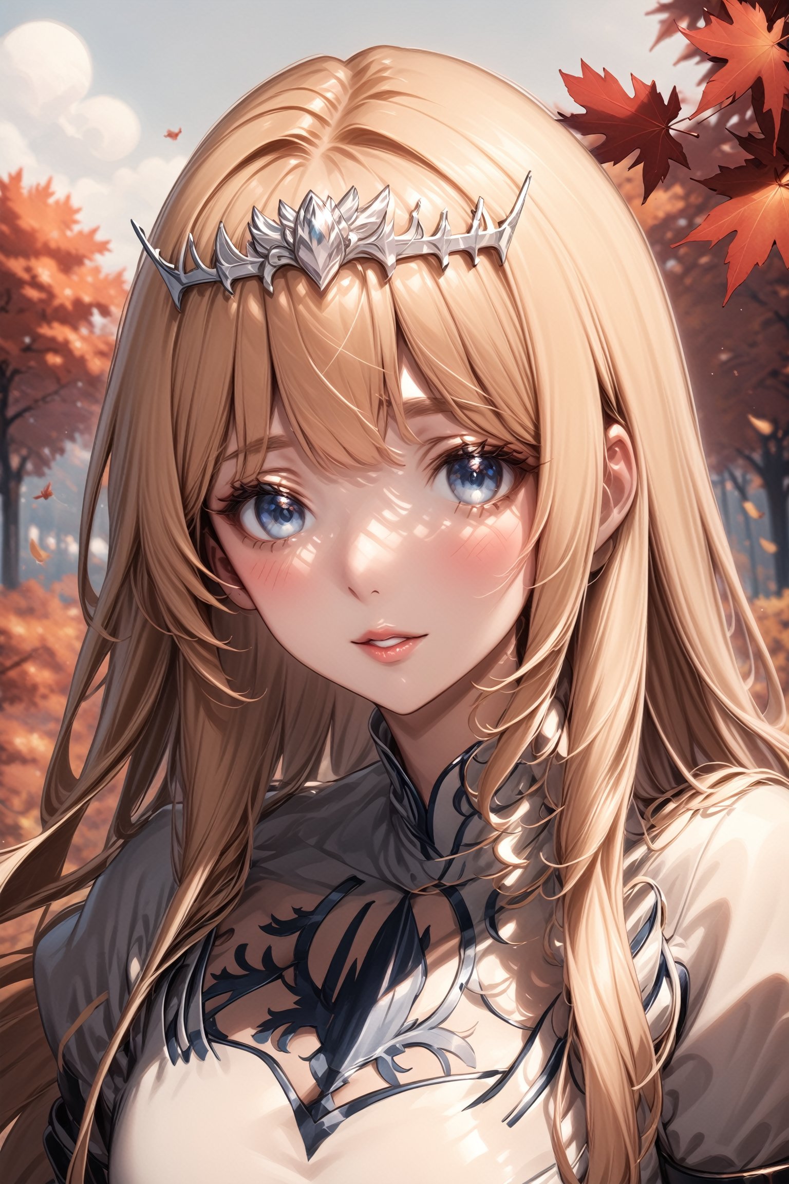 1girl, solo, looking at the viewer, blush, upper body, parted lips, shiny, lips, leaf, autumn leaves, maple leaf, autumn, Calca, Calca Bessarez, blonde hair, (extremely long hair:1.3), very long hair, white tiara, white dress, blue eyes, medium chest,DonM3l3m3nt4lXL,extremely long hair