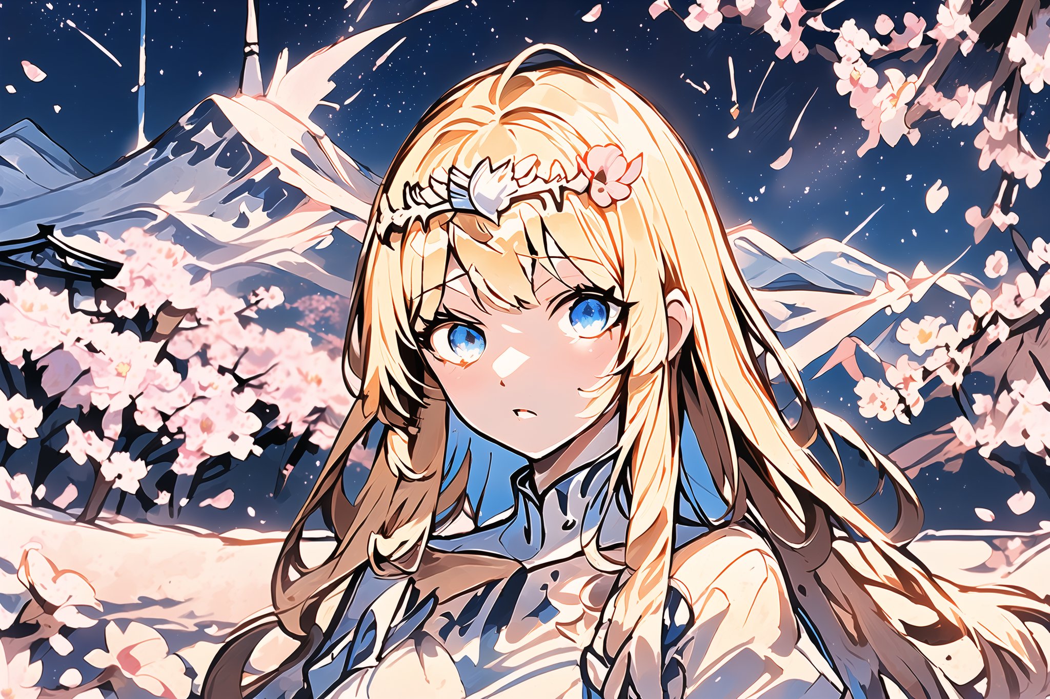 masterpiece, panorama,beautiful detailed eyes, midnight, (starry_sky:1.3), beautiful detailed mountainside, (shrine:1.2), (sakura trees:1.2), (the breeze blows the petals:1.8)  1girl, solo, calca, blonde hair, medium chest, (extremely long hair:1.3), very long hair, extra long hair, white tiara, white dress, blue eyes,Calca Bessarez,Calca