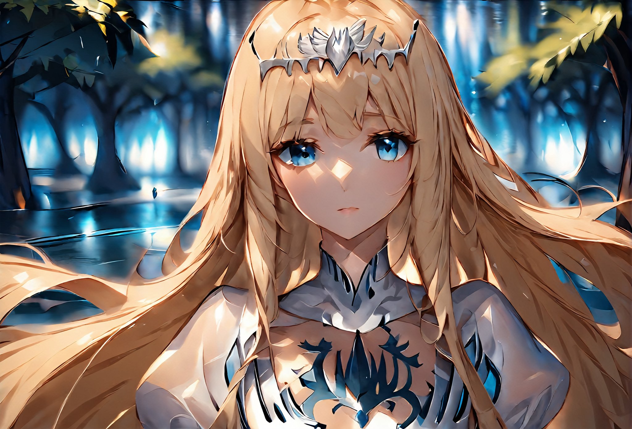 8K, high resolution, (masterpiece, best quality), cinematic,  water hair, light blue eyes, water dress, side_lighting, abstract,s, (background enchanted forest, perspective:0.5, gaussian blur, intensity:0.5,  1girl, solo, Calca, Calca Bessarez, blonde hair, (extremely long hair:1.3), very long hair, white tiara, white dress, blue eyes, medium chest,extremely long hair, upper body