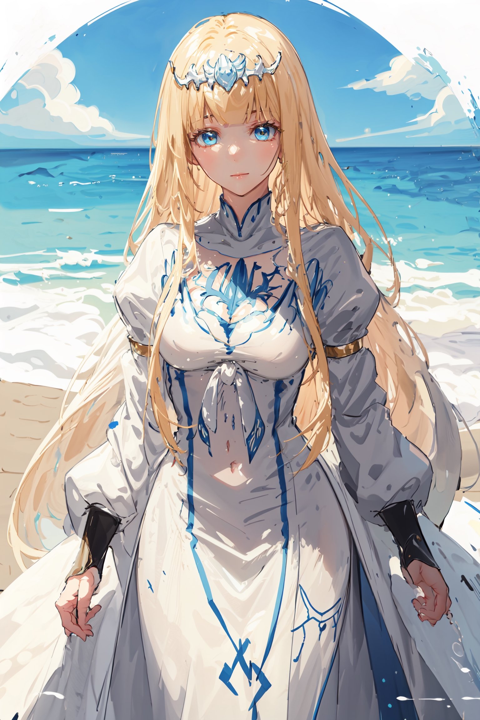 1girl, masterpiece, best quality, blue sky, looking at the viewer, soft smile, close view, solo, Calca, blonde hair, medium chest, extremely long hair, very long hair, extra long hair, white tiara, white dress, blue eyes,
