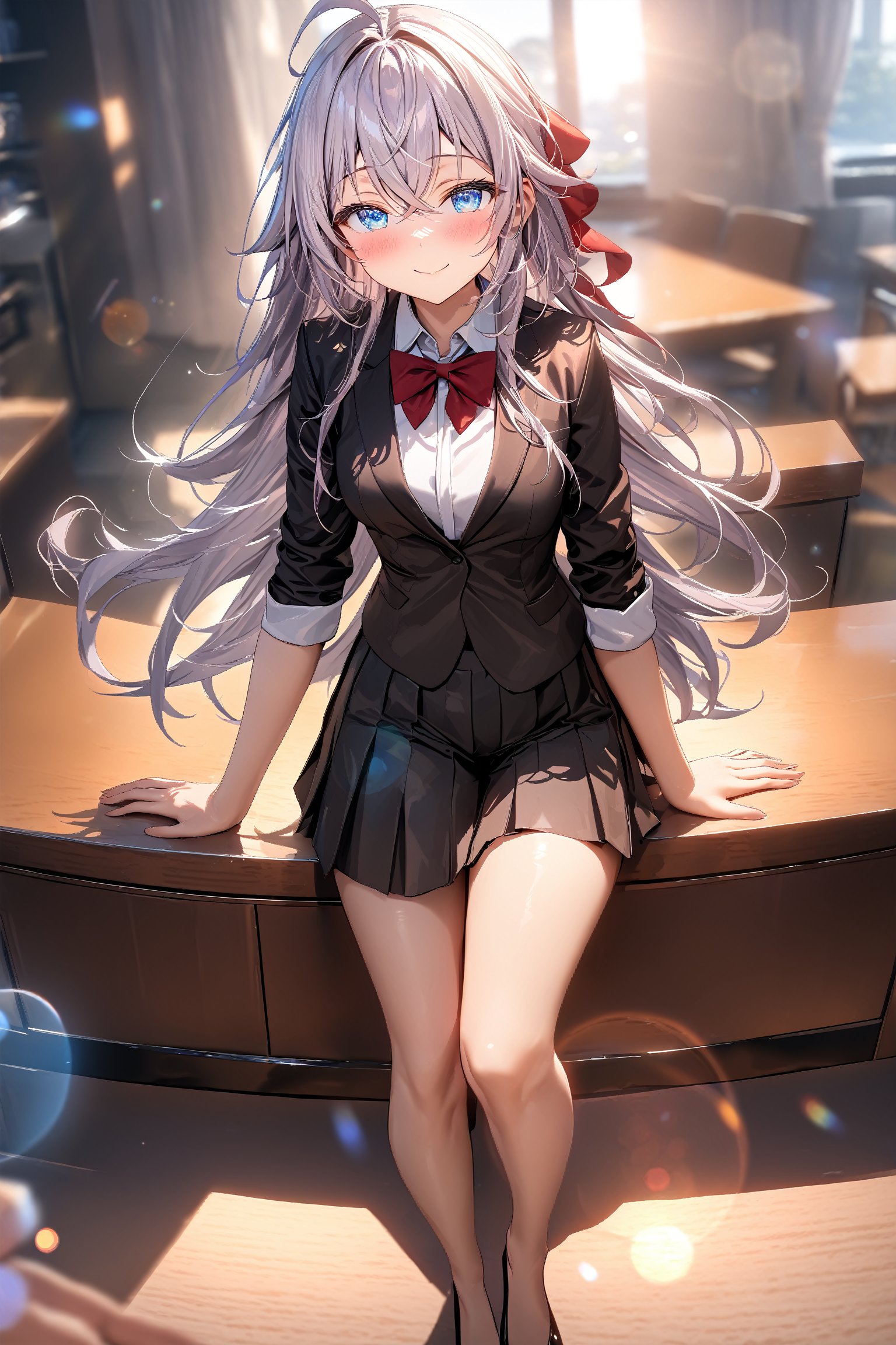 masterpiece, best quality,(beautiful detailed eyes),(1 girl), solo,(depth of field),(solo focus),8K,HDR,(ultra high res),(Exquisite visuals),(full body),(lens flare),(smiles),blush,(nice hands),(perfect hands),(arm support),((absurdres)),alya,(silver hair),(very long hair),(crossed bangs),ahoge,(blue eyes),(hair between eyes),((hair ribbon),(red ribbon)),(medium breasts),(zettai ryouiki),(grey jacket),(white shirt),(wing collar),(red bowtie),((pleated skirt),(black skirt)),(white thighhighs),(black footwear),(loafers),(indoors),(classroom),standing,(closed mouth), long hair, silver hair