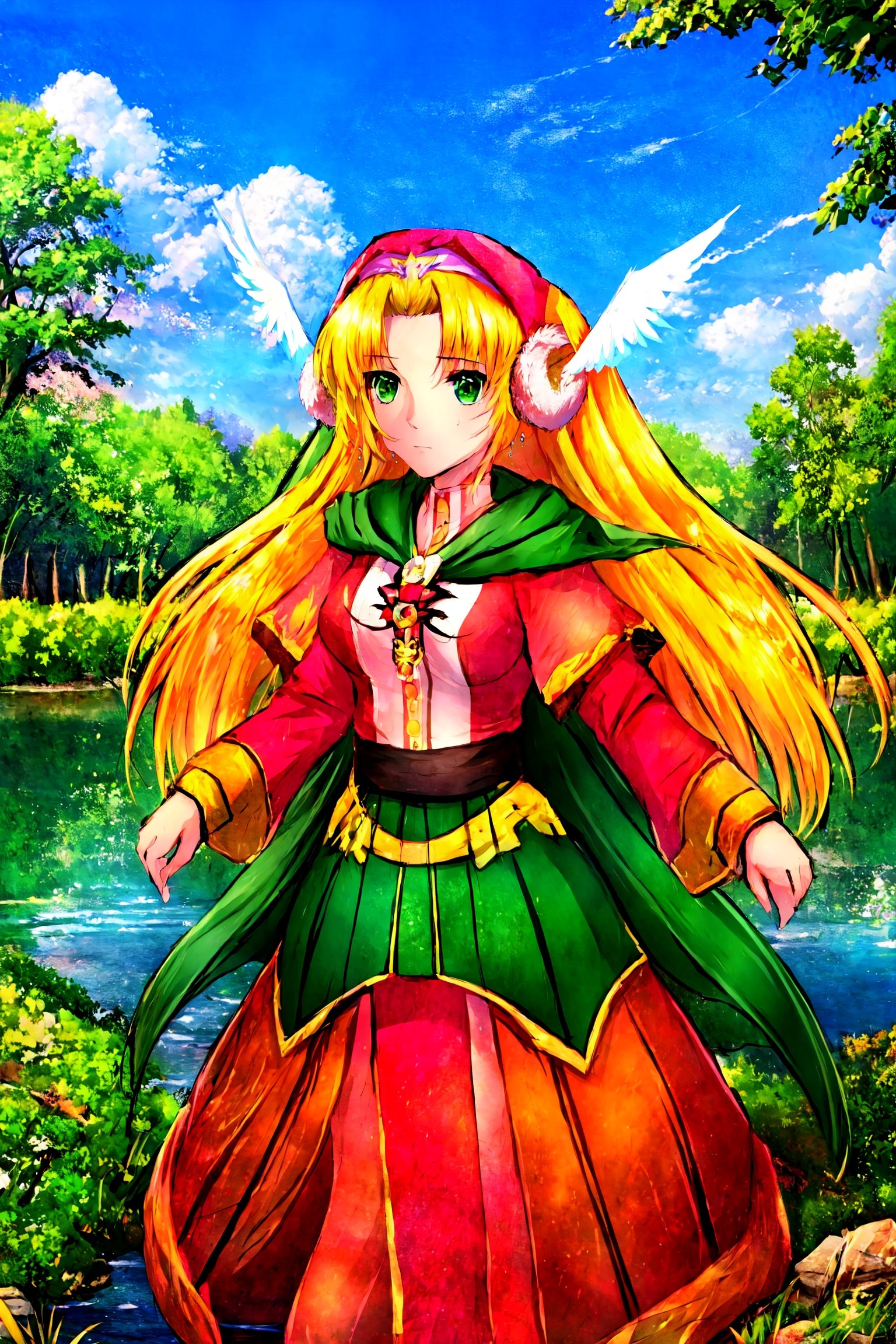 masterpiece,best quality,1girl, solo, female,, ,sitting,neutral expression,outdoors,riverbank,wind,water drop,  Divine Chant, 4th Seat of the Black Scripture, blonde hair, green eye, pink dress, green hood, very long hair, , angelwing-shaped earmuffs,