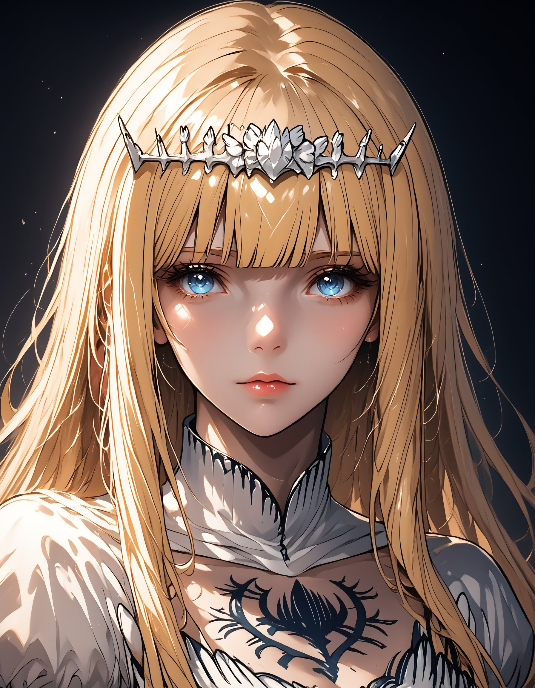 A captivating full-body portrait of a stunning 25-year-old Anime girl, Standing in a dark theme setting with muted colors and high contrast, (perfectly rendered), captures every detail in hyperrealism, with soft light and sharp focus, emphasizing the natural skin texture, 1girl, solo, Calca, Calca Bessarez, blonde hair, (extremely long hair:1.3), very long hair, white tiara, white dress, blue eyes, medium chest,