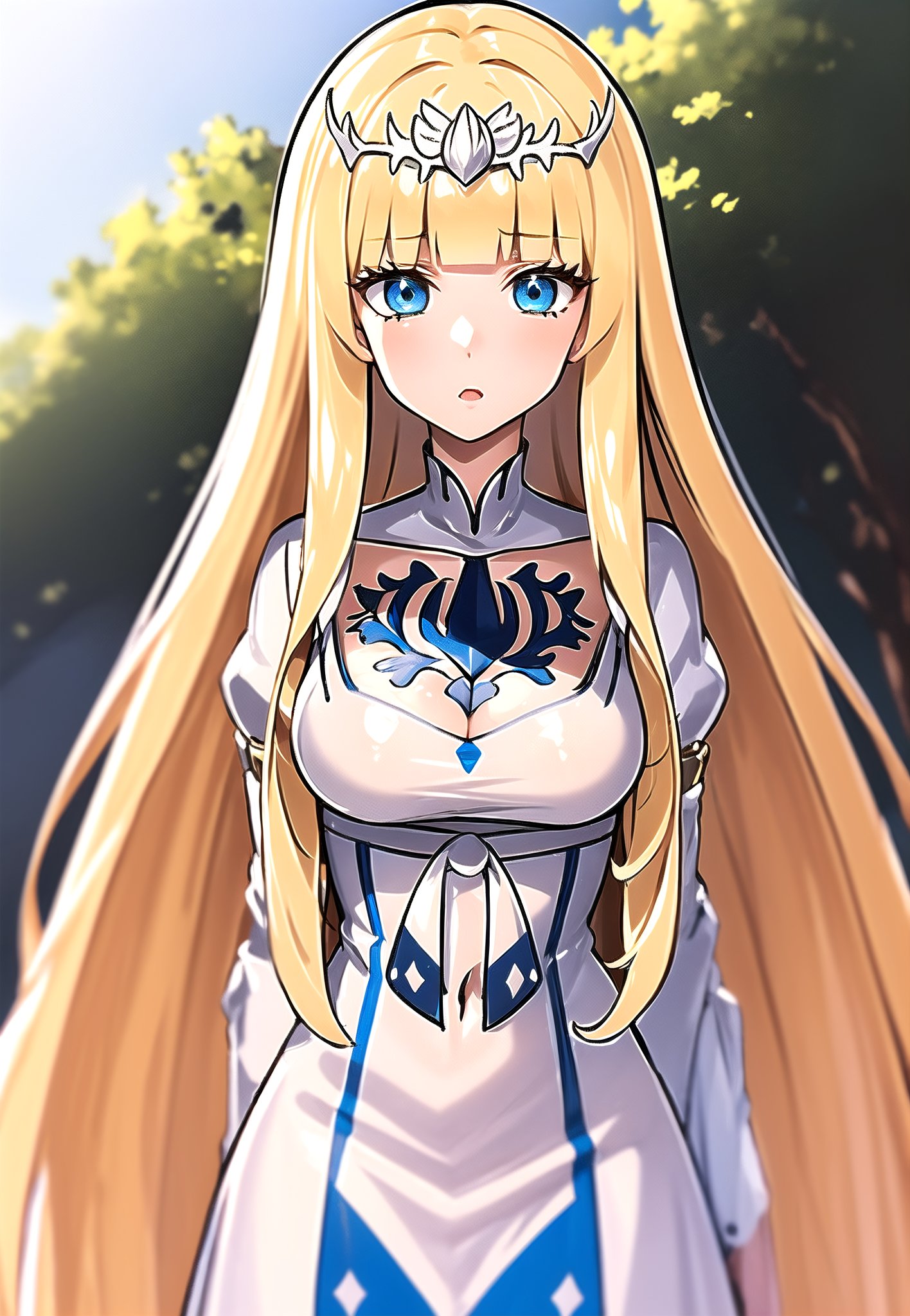  1girl, solo, Calca, Calca Bessarez, blonde hair, (extremely long hair:1.3), very long hair, white tiara, white dress, blue eyes, medium chest, bangs, blunt bangs