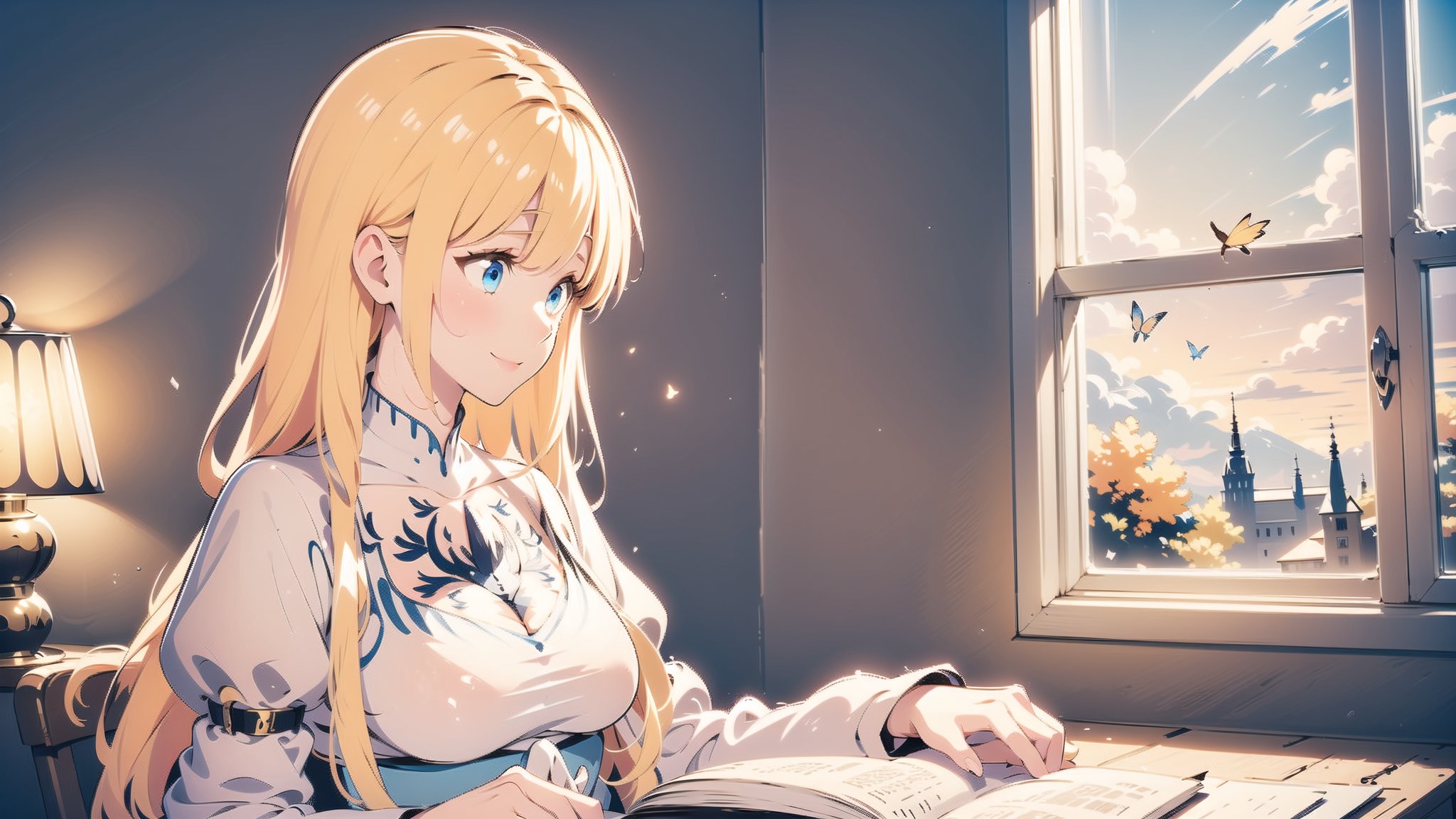 masterpiece, best quality, nice hands, perfect hands, 1girl, in_profile, pale, white skin, flat_chested, cozy, fall, autumn, coffee, falling leaves, window, sheer curtain, study table, evening, ghibli studio style,ghibli style, cinematic light, cinematic view, High detailed,Lofi, a soft smile,LinkGirl,kwon-nara

image, depict her in a unique pose. Create separate images for each pose, and make sure each one is set against a backdrop filled with the cosmic wonders of the universe, enhancing the vibrant atmosphere for each pose. These images should showcase the character's versatility and charm.

The girl is sitting comfortably with a book that opens horizontally.
Her large, expressive eyes reflect the words on the pages, and a soft smile plays on her lips as she gets lost in the world of the story. 

The room around her is adorned with warm, orange light color, and the soft afternoon light gently spills onto the pages. She's surrounded by bookshelves filled with stories, creating an enchanting atmosphere perfect for a peaceful reading session. Golden lights or butterflies make space more beautiful.

As she turns the pages, the girl's curiosity and wonder come to life. The world of literature and the adventures within its pages are her cherished companions, making her reading moments truly magical.

1girl, solo, calca, blonde hair, very long hair, (extremely long hair:1.5), white dress, white tiara, blue eyes, medium chest, smile