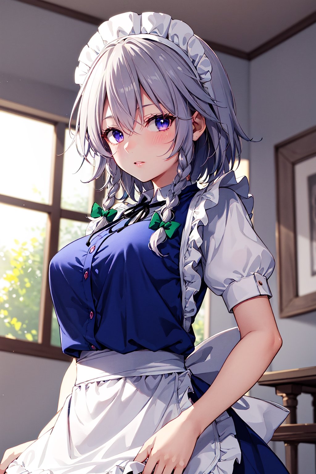 Beautiful, beautiful, high quality, highly detailed, pose details, anime, physical detail, eyes open, blushing, clothing, maid, place, house,izayoi_sakuya_touhou