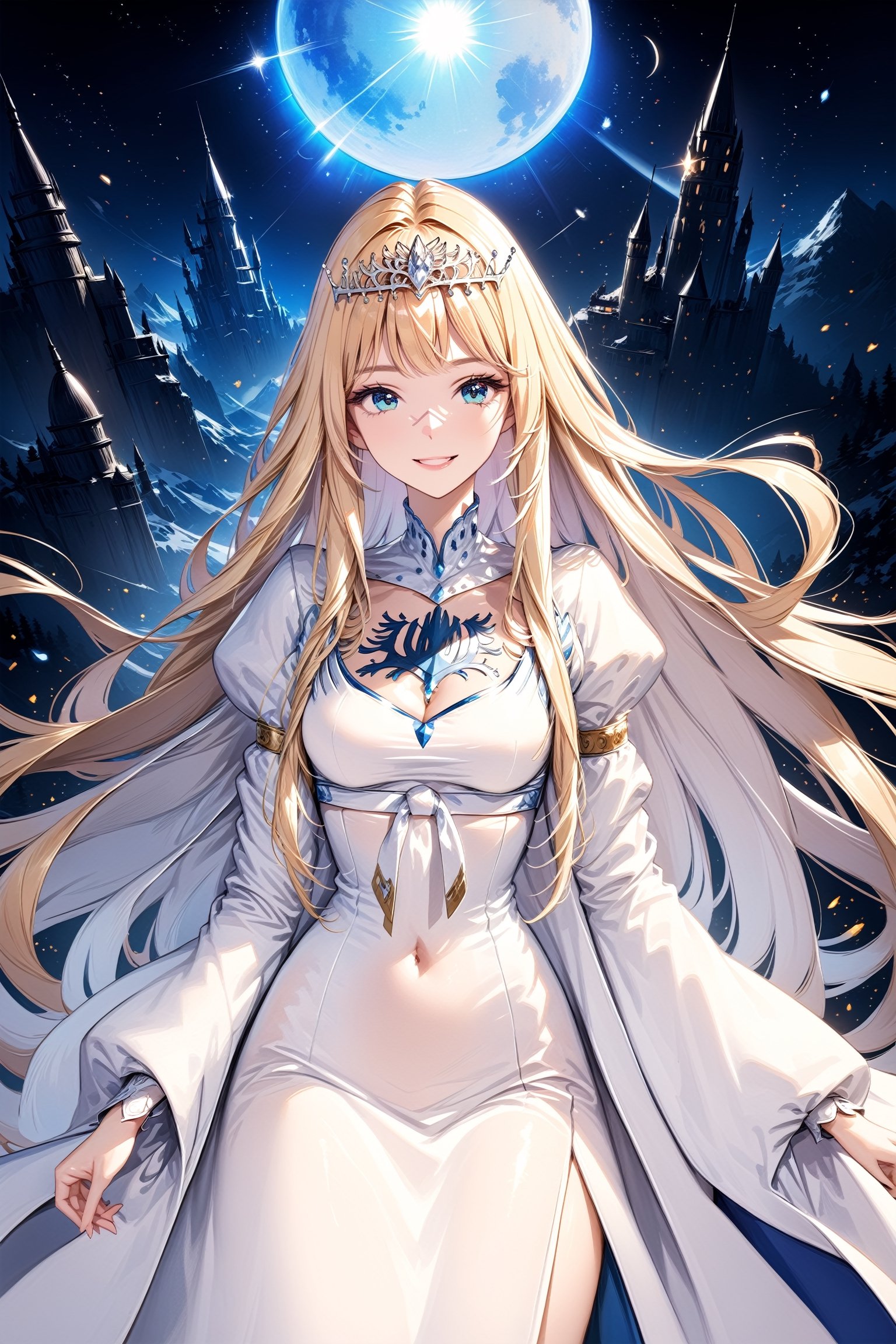 Very beautiful girl holding a board with text "Overlord the Movie (Fan Fiction): The Last Guild War of Nazarick" text, illustration, detailed, realistic, UHD, beautiful detailed eyes, beautiful detailed, Warmly smile.,Text,Ink art,Calca, 1girl, solo, calca, blonde hair, , medium chest, extremely long hair, very long hair, extra long hair, white tiara, white dress, blue eyes,