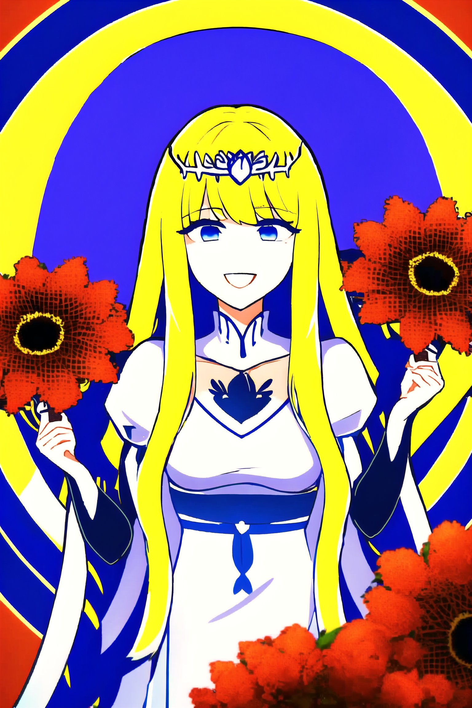   1girl, solo,Hanahaki disease. smiling, flowers, red flowers, , Calca, Calca Bessarez, blonde hair, (extremely long hair:1.5), very long hair, white tiara, white dress, blue eyes, masterpiece, best quality, 