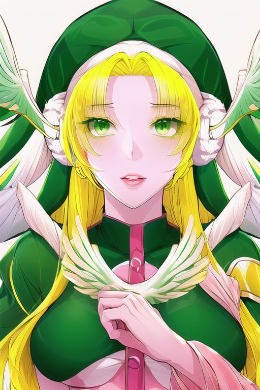 flowers, lips, 1girl, Divine Chant, 4th Seat of the Black Scripture, blonde hair, green eye, pink dress, green hood, very long hair, 1girl, (white angelwing-shaped earmuffs:1.3),, (yellow hair color:1.2)