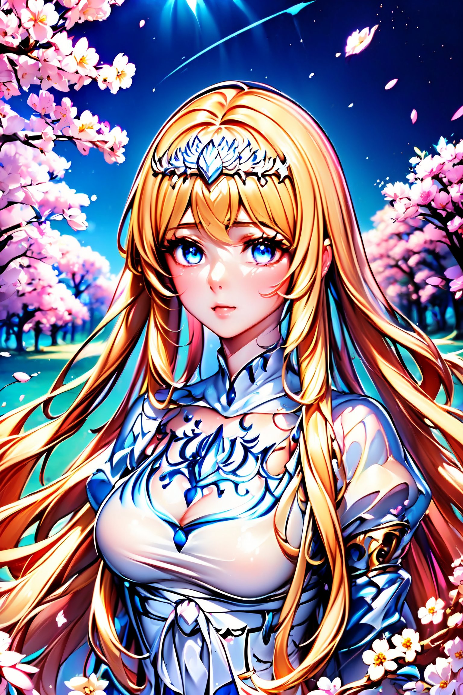 ((masterpiece: 1.2)), beautiful and aesthetic girl, extreme detailed, highest detailed image, ((detailed eyes)), ((light particles)), cherry blossom, cherry blossoms., Illustration, 1girl, solo, Calca, Calca Bessarez, blonde hair, (extremely long hair:1.5), very long hair, (white tiara:1.3), white dress, blue eyes, medium chest