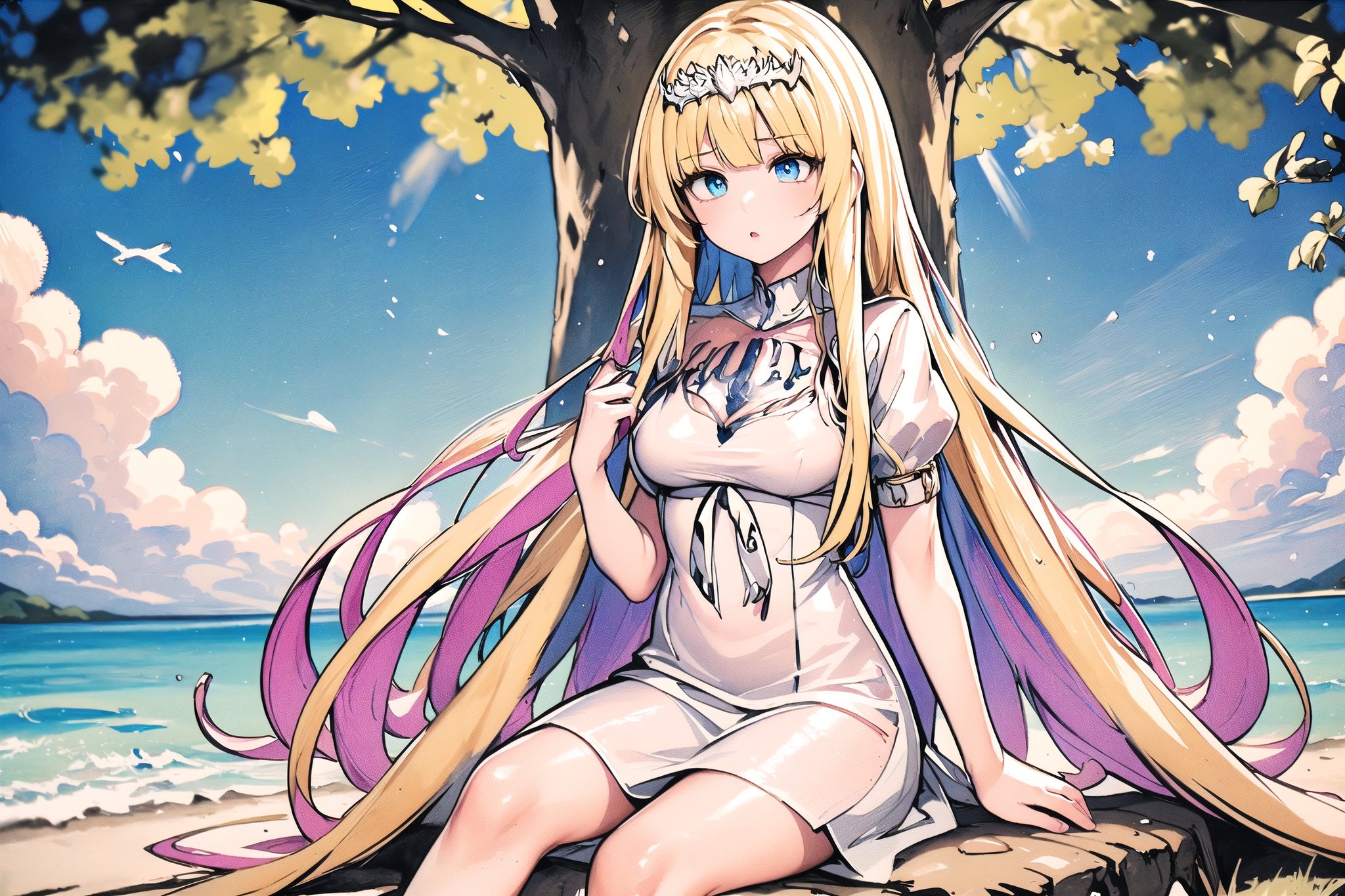 (masterpiece, best quality, highres:1.1), ultra-resolution image, Colorful, (watercolor style:0.9),, sitting, cuddle, tree, wind, dream, summer, air, 1girl, solo, Calca, Calca Bessarez, blonde hair, (extremely long hair:1.3), very long hair, white tiara, white dress, blue eyes, medium chest,extremely long hair